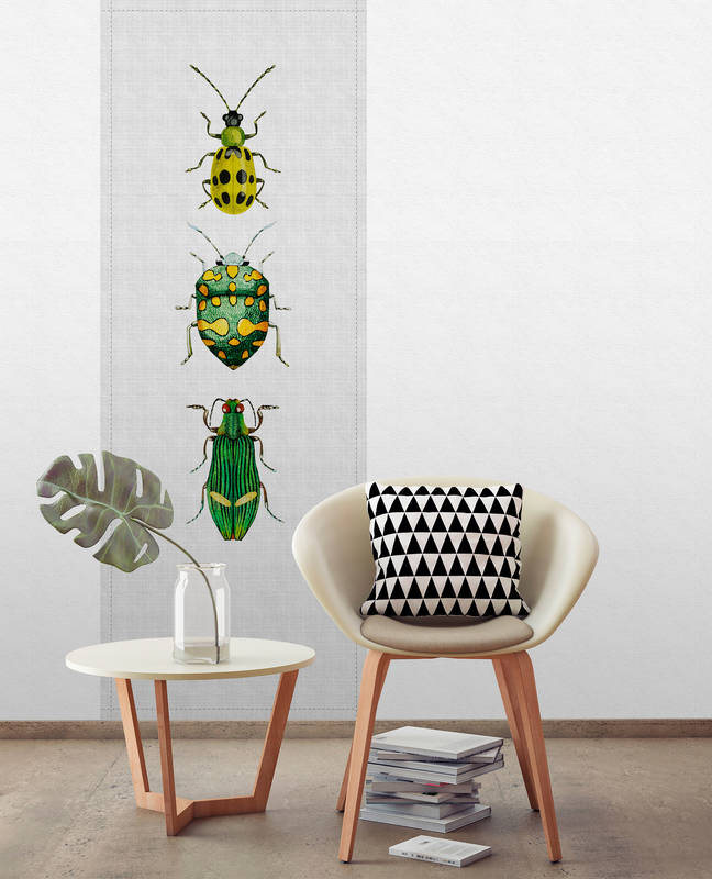             Buzz panels 4 - Panneau d'impression numérique avec des scarabées colorés dans une structure en lin naturel - jaune, gris | À structure Revêtement mural intissé
        
