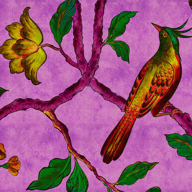 Bird Of Paradis 2 - digitale print behang paradijsvogel in natuurlijke linnenstructuur - geel, groen | parelmoer glad vlies

