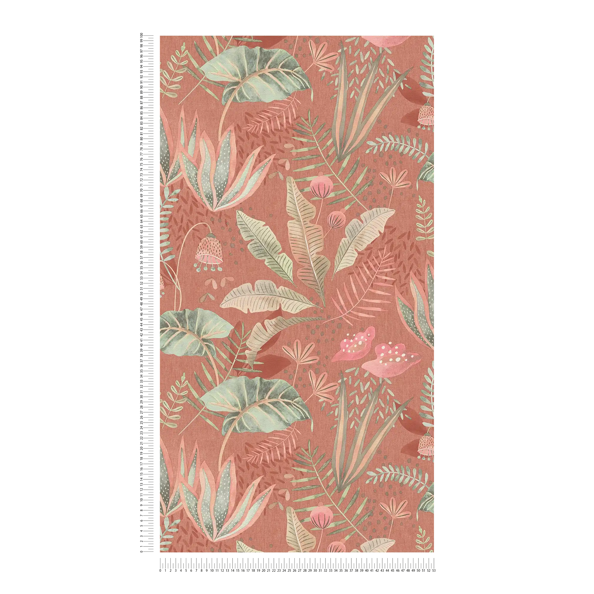            Floral wallpaper with mixed leaves slightly textured, matt - red, orange, green
        