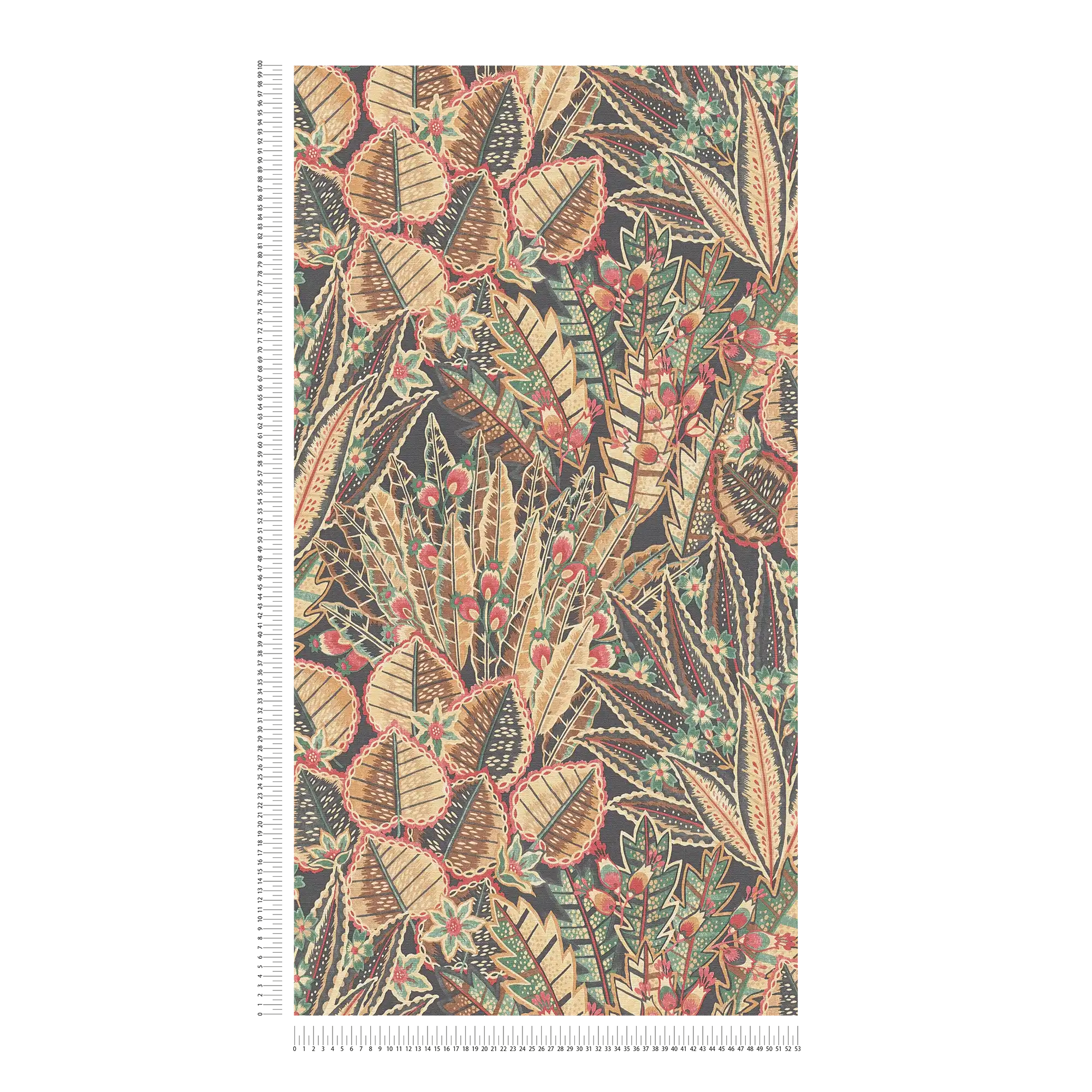             Floral non-woven wallpaper with abstract leaf pattern with red accents - brown, red, black
        