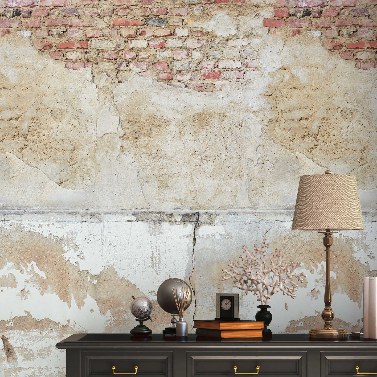 Steenmuurbehang met betonlook in abstracte look - beige, grijs, bruin
