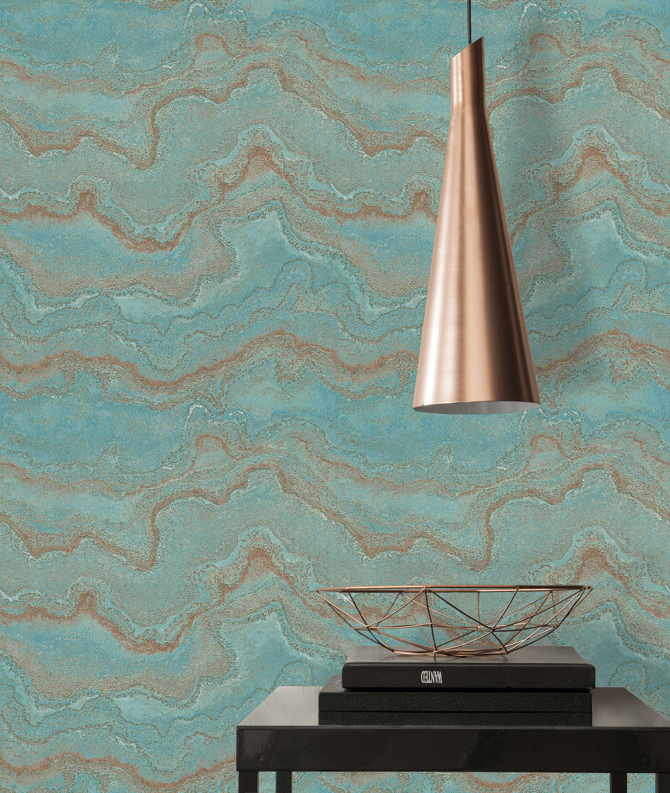             Marbled non-woven wallpaper with metallic effect - blue, turquoise, gold
        
