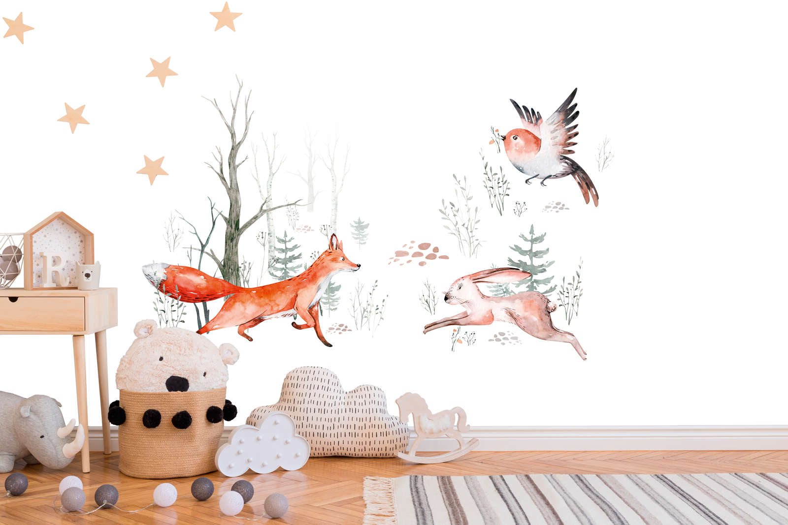             Digital behang met dieren in het bos voor de kinderkamer - Oranje, Groen, Wit
        