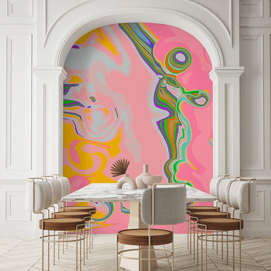 Photo wallpaper »fluxus« - colour splash colourful - pink, green | Smooth, slightly shiny premium non-woven fabric
