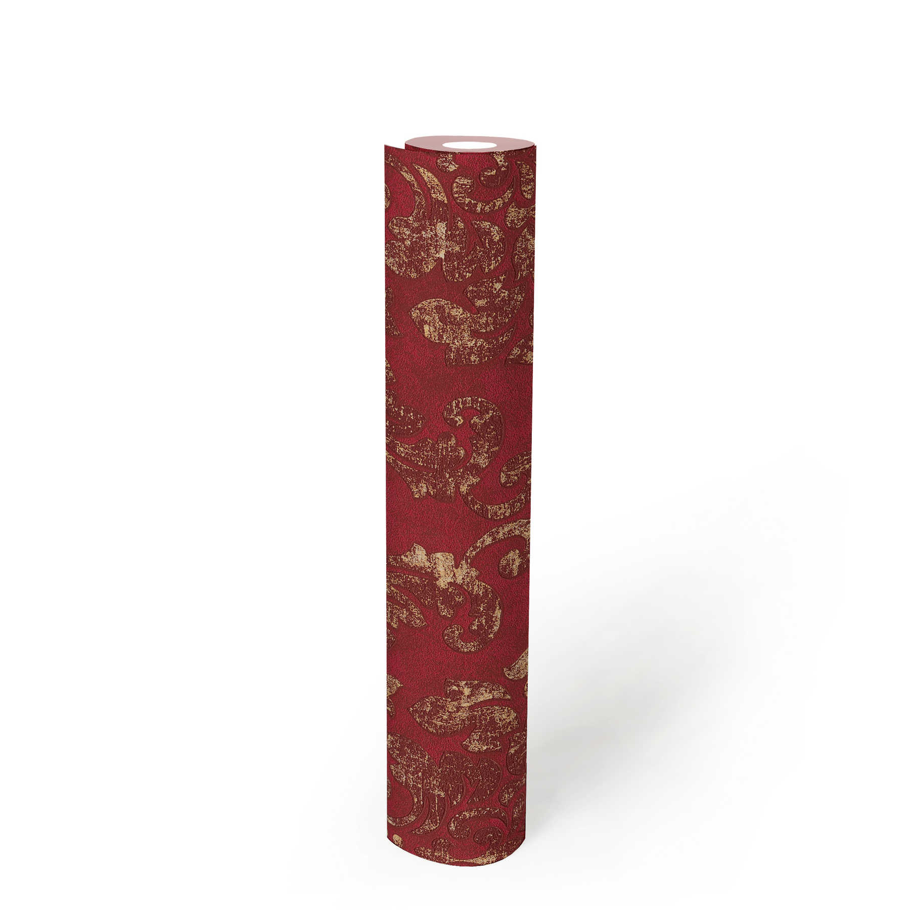             Papier peint baroque avec ornements en look usé - rouge, or
        
