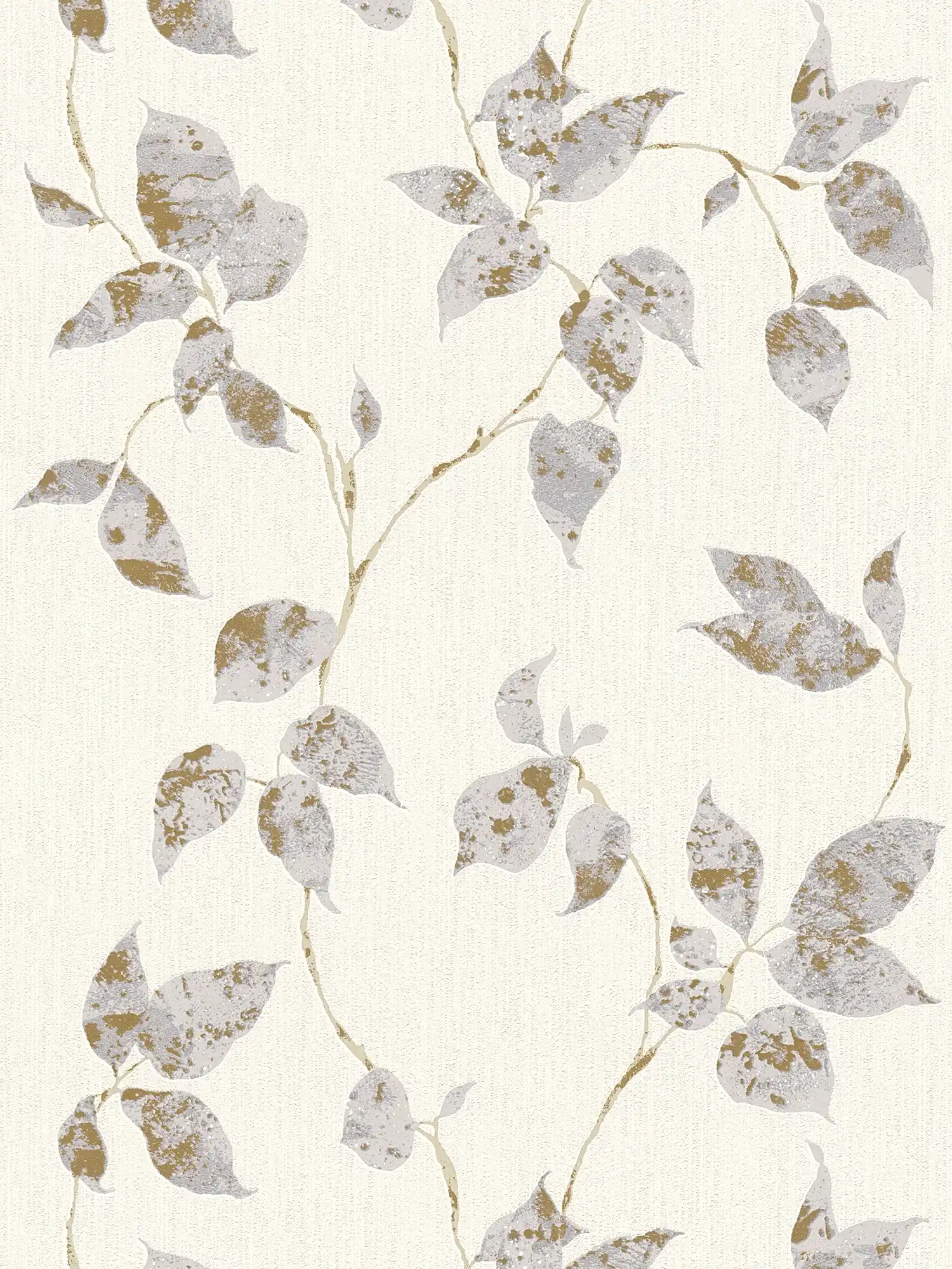 Papier peint texturé avec rinceaux de feuilles & accent métallique - gris, blanc
