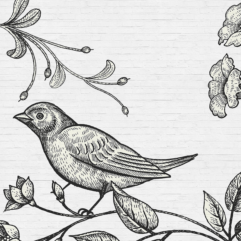 Papier peint panoramique mur de pierre avec oiseau & fleurs graphiques
