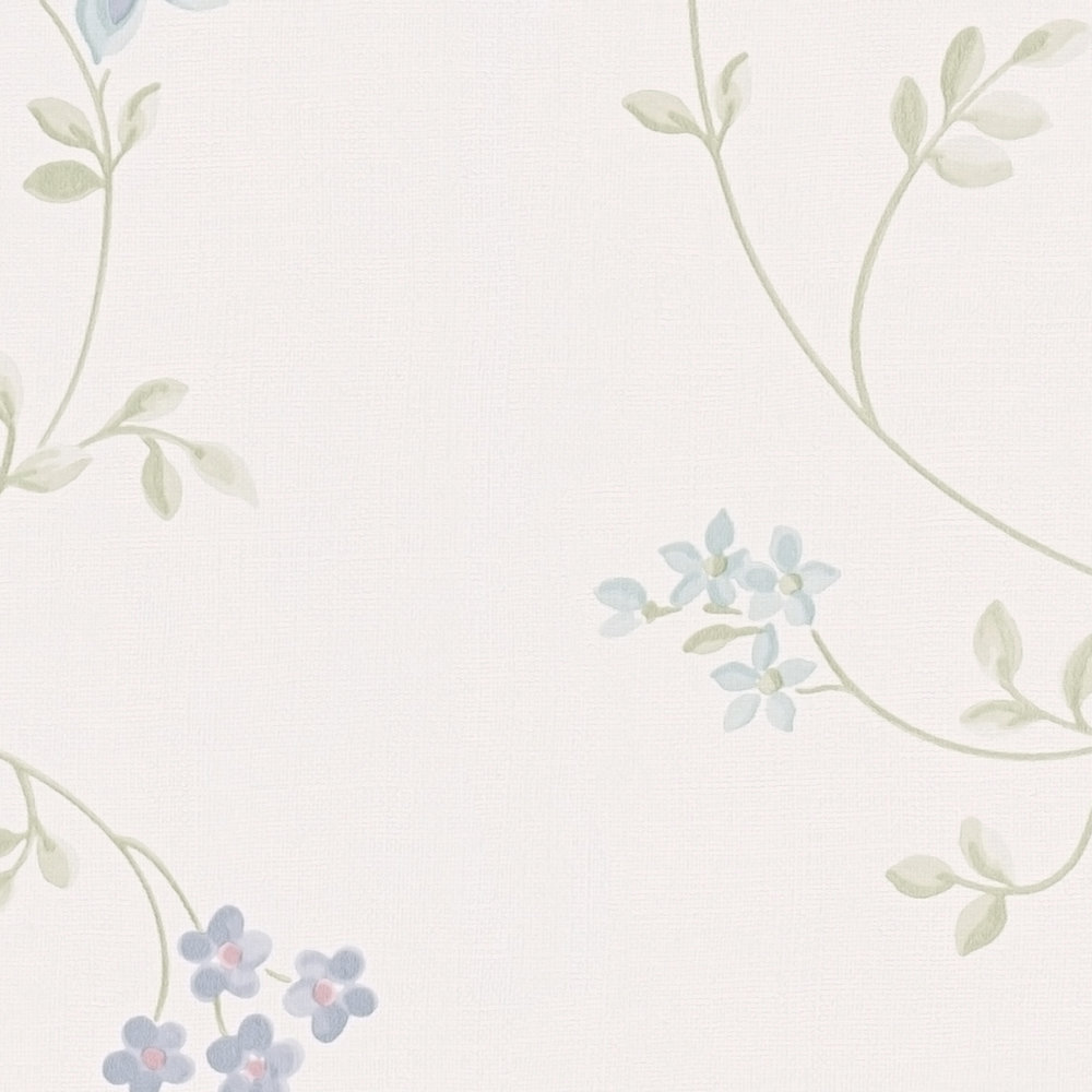             Papier peint fleuri avec rinceaux style maison de campagne - crème, vert, bleu
        