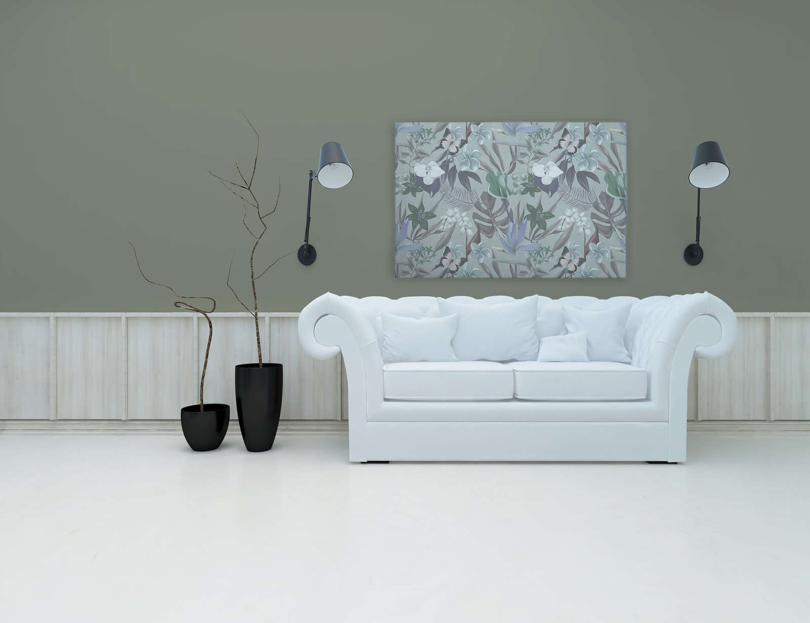             Jungle florale dessinée sur toile | vert, blanc - 1,20 m x 0,80 m
        