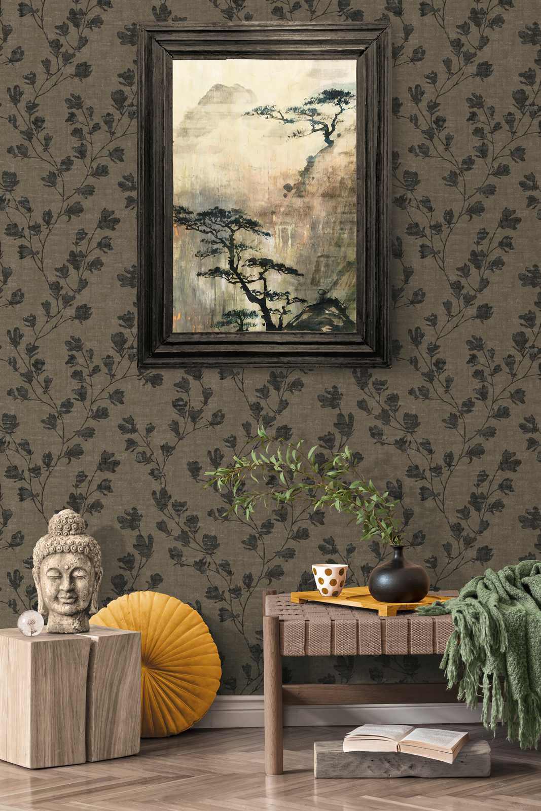             Papel pintado no tejido con diseño de zarcillos de hojas - marrón, negro
        