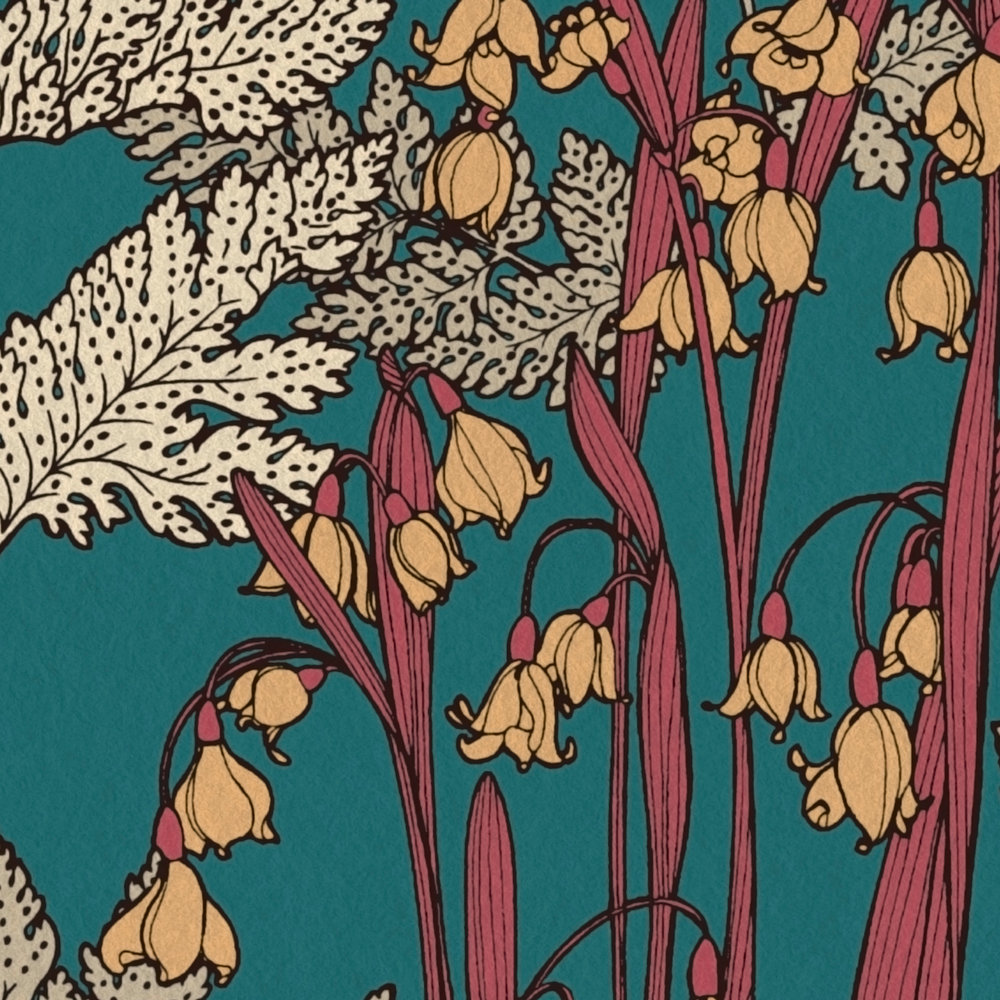             wallpaper petrol with leaves & flowers pattern in drawing style - blue, beige, yellow
        