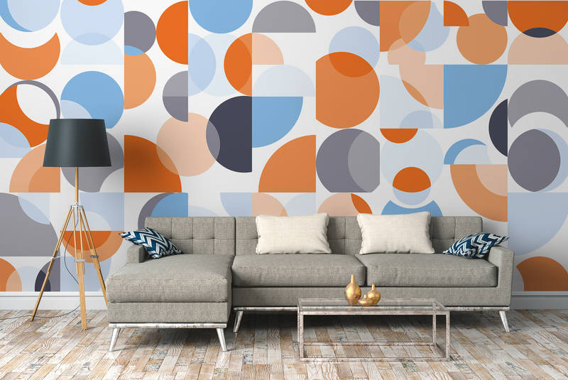            Mural de pared de estilo retro, patrón gráfico y colores brillantes - azul, naranja, blanco
        
