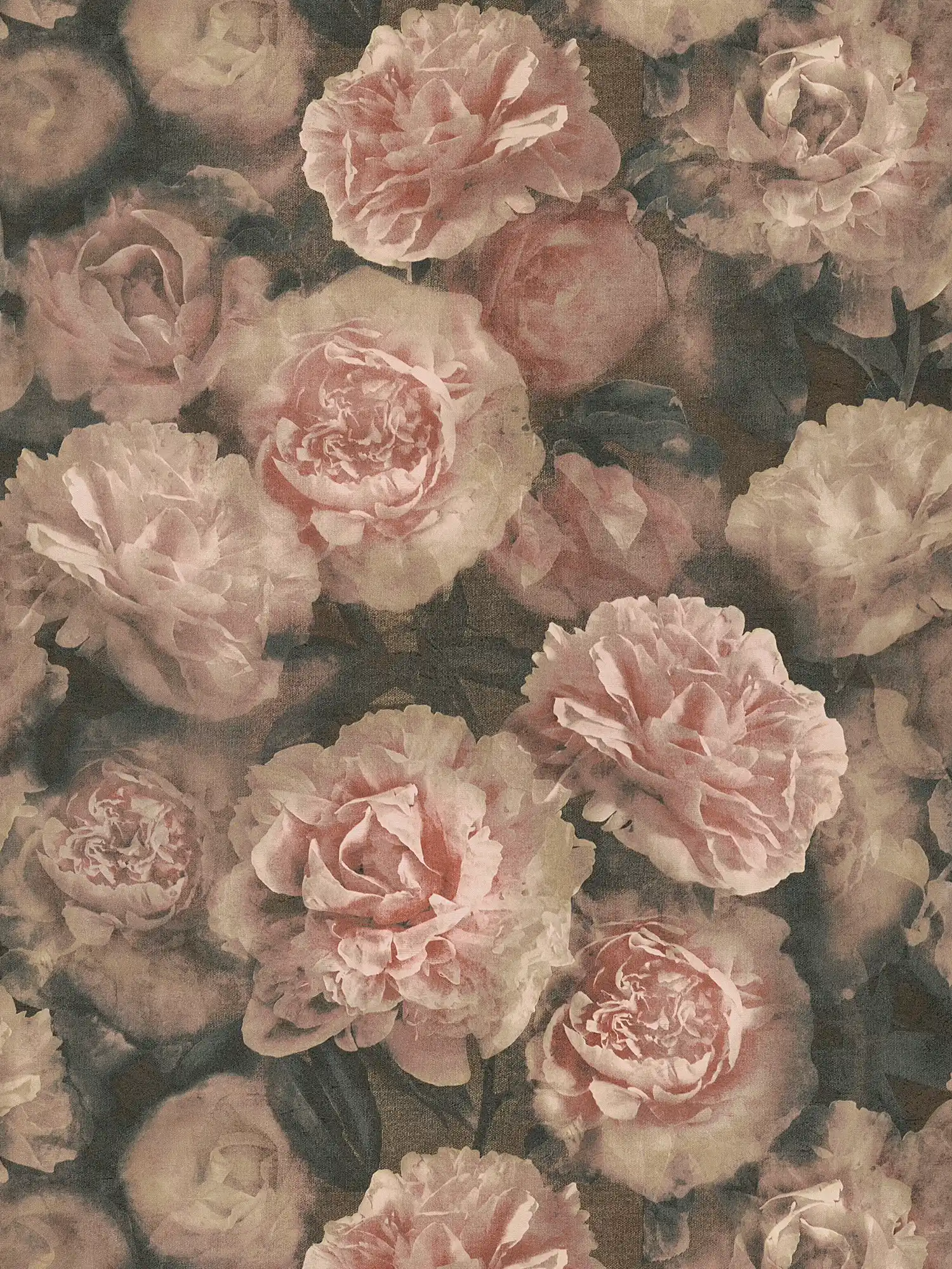Papier peint fleuri Roses au look vintage - rose, rouge, noir

