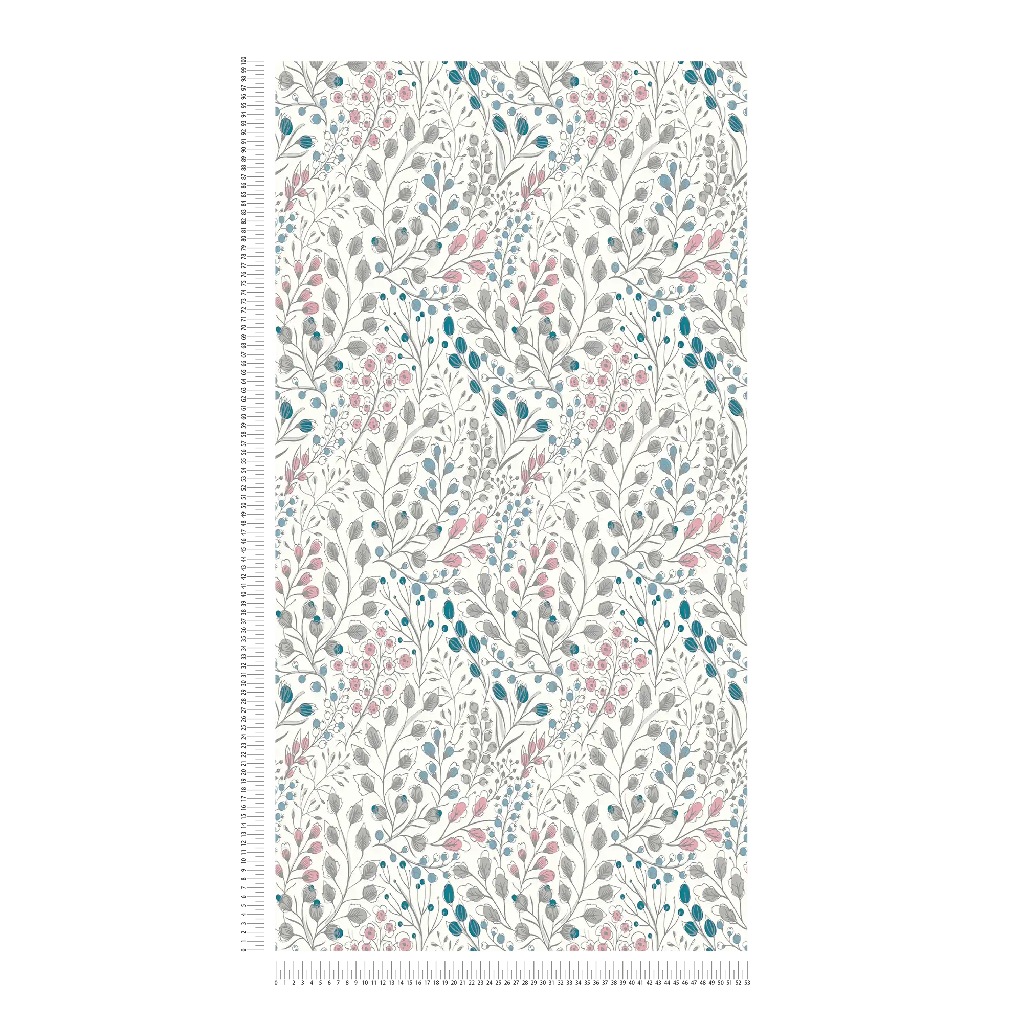             Papier peint intissé avec motif floral style dessin - blanc, rose, bleu
        