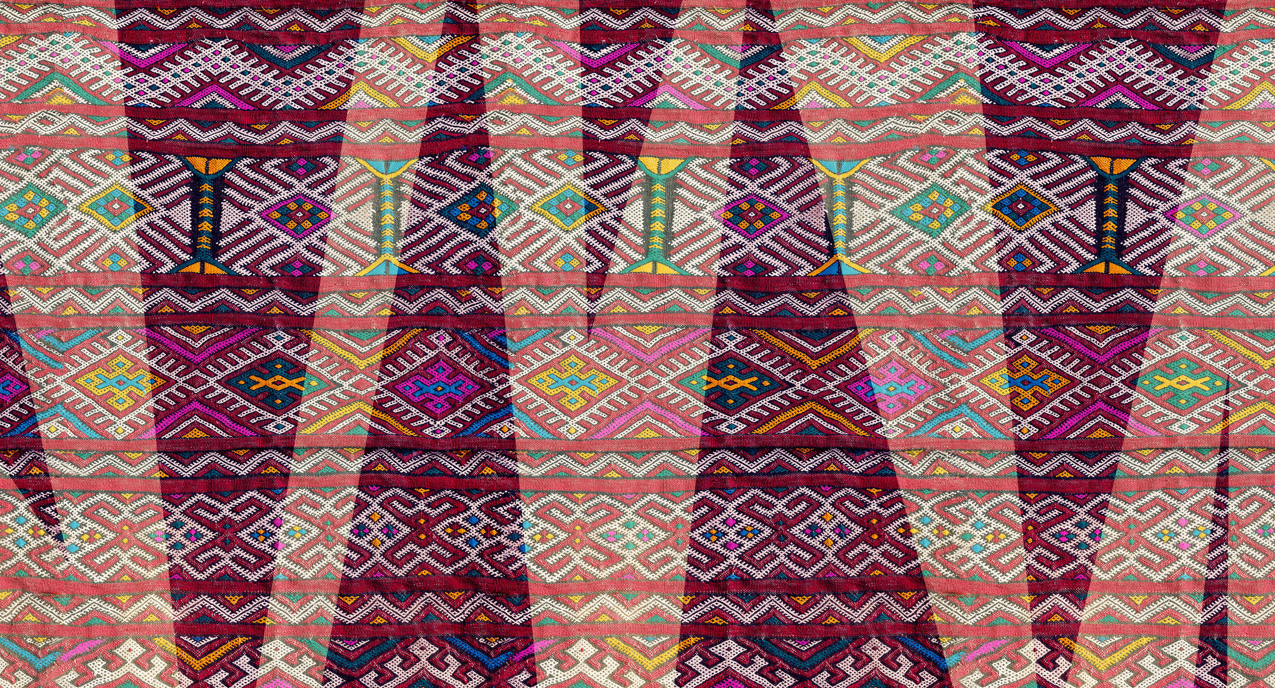             Muurschildering etnische stijl met inheems geweven patroon - paars, groen, oranje
        