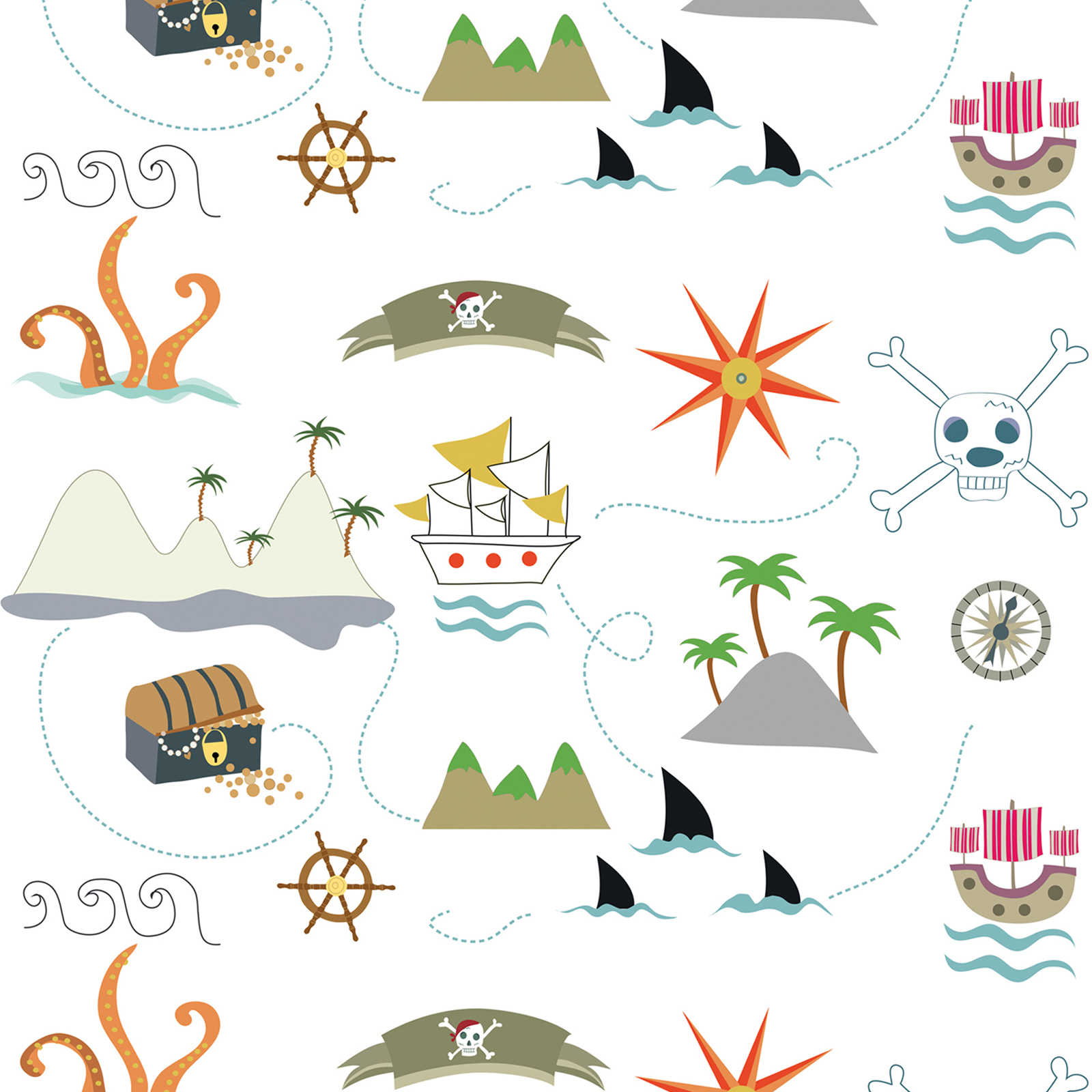 Children's non-woven wallpaper with pirate symbols - colourful, cream, grey

