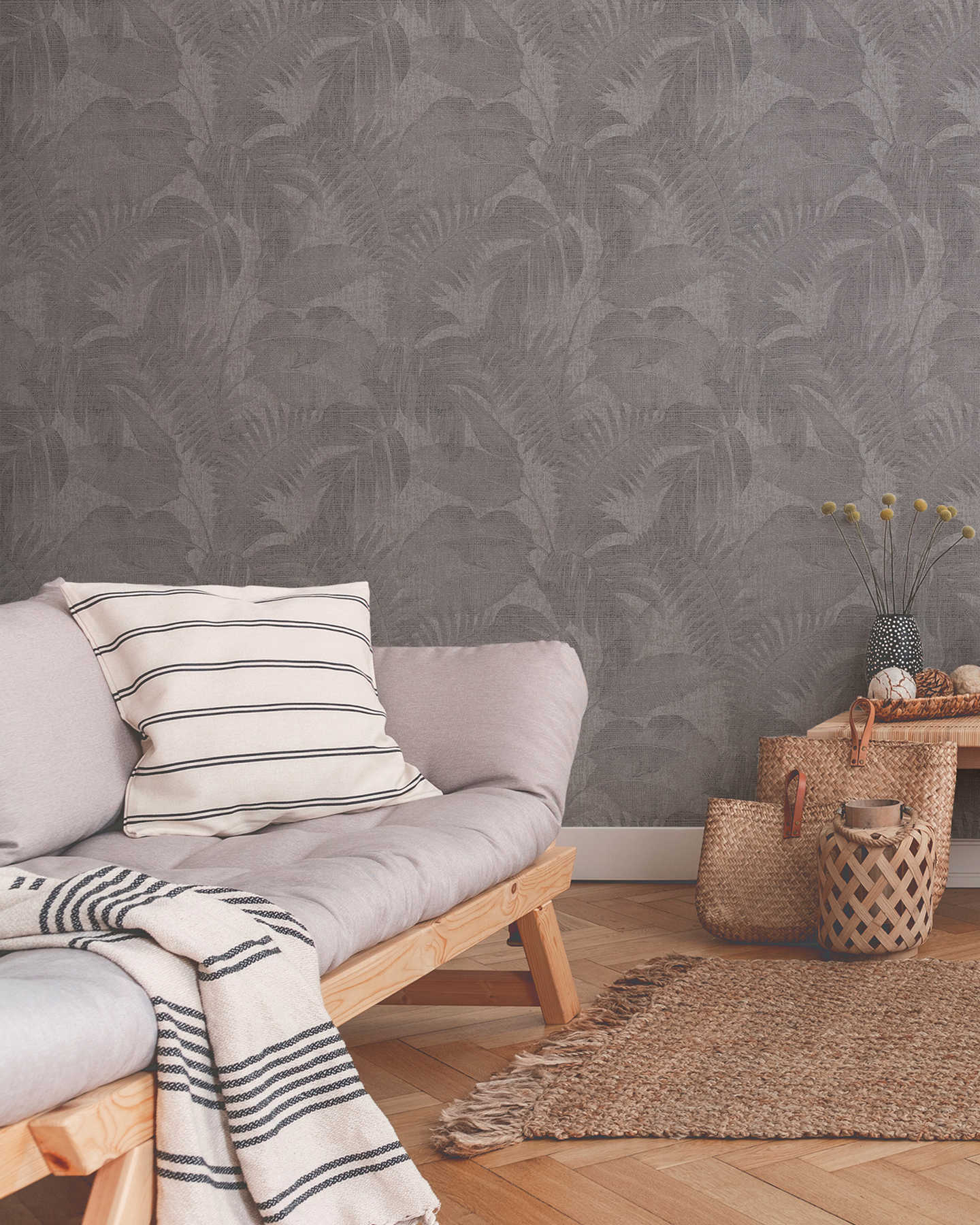             Boho jungle wallpaper with linen look - brown, grey, beige
        