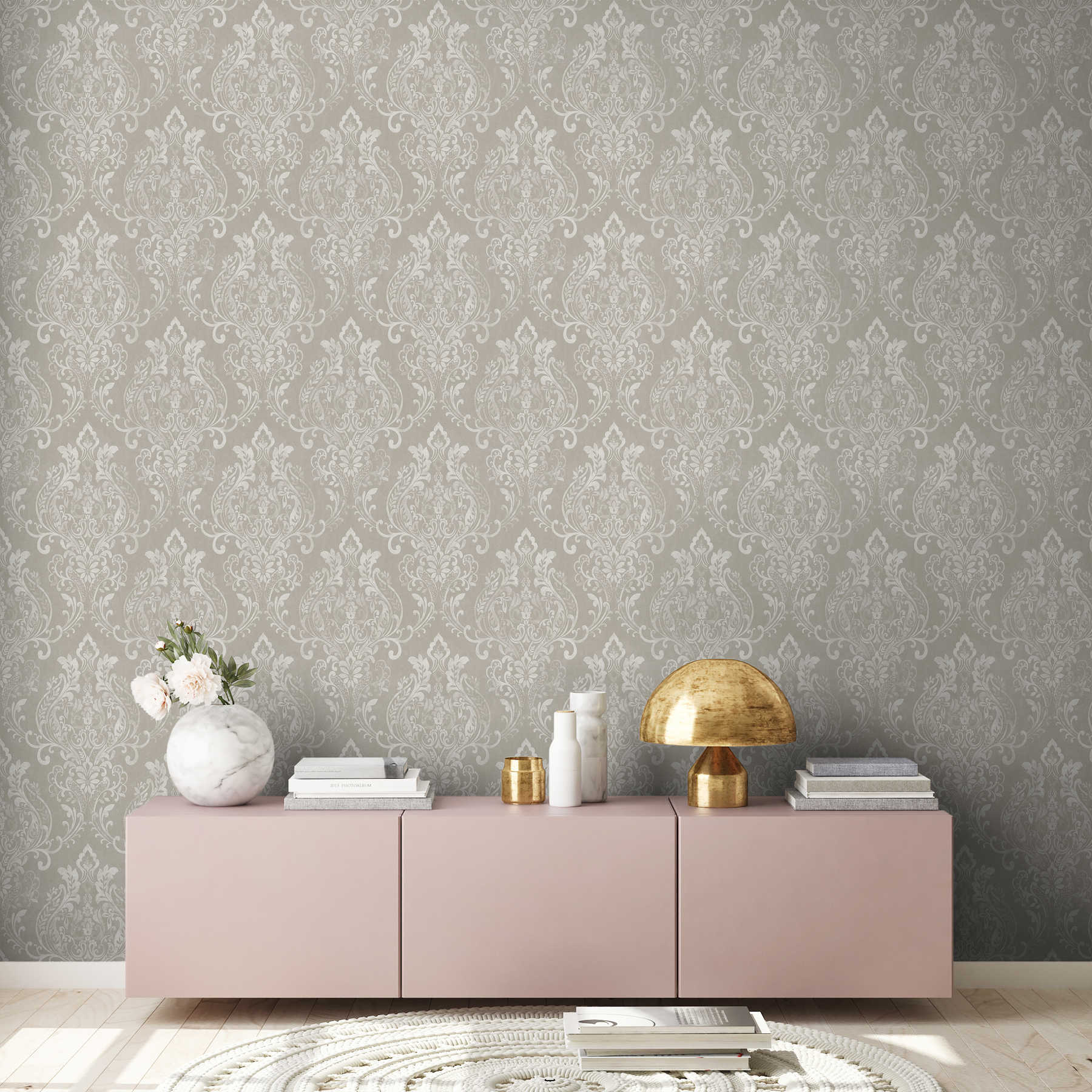             Retro wallpaper used look & ornaments - beige, cream, grey
        