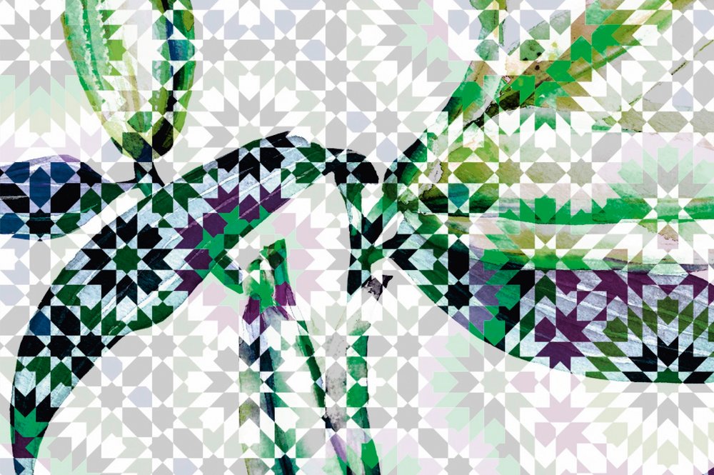             Muurschildering Lelies met kleurrijk mozaïekdesign - Groen, Blauw
        