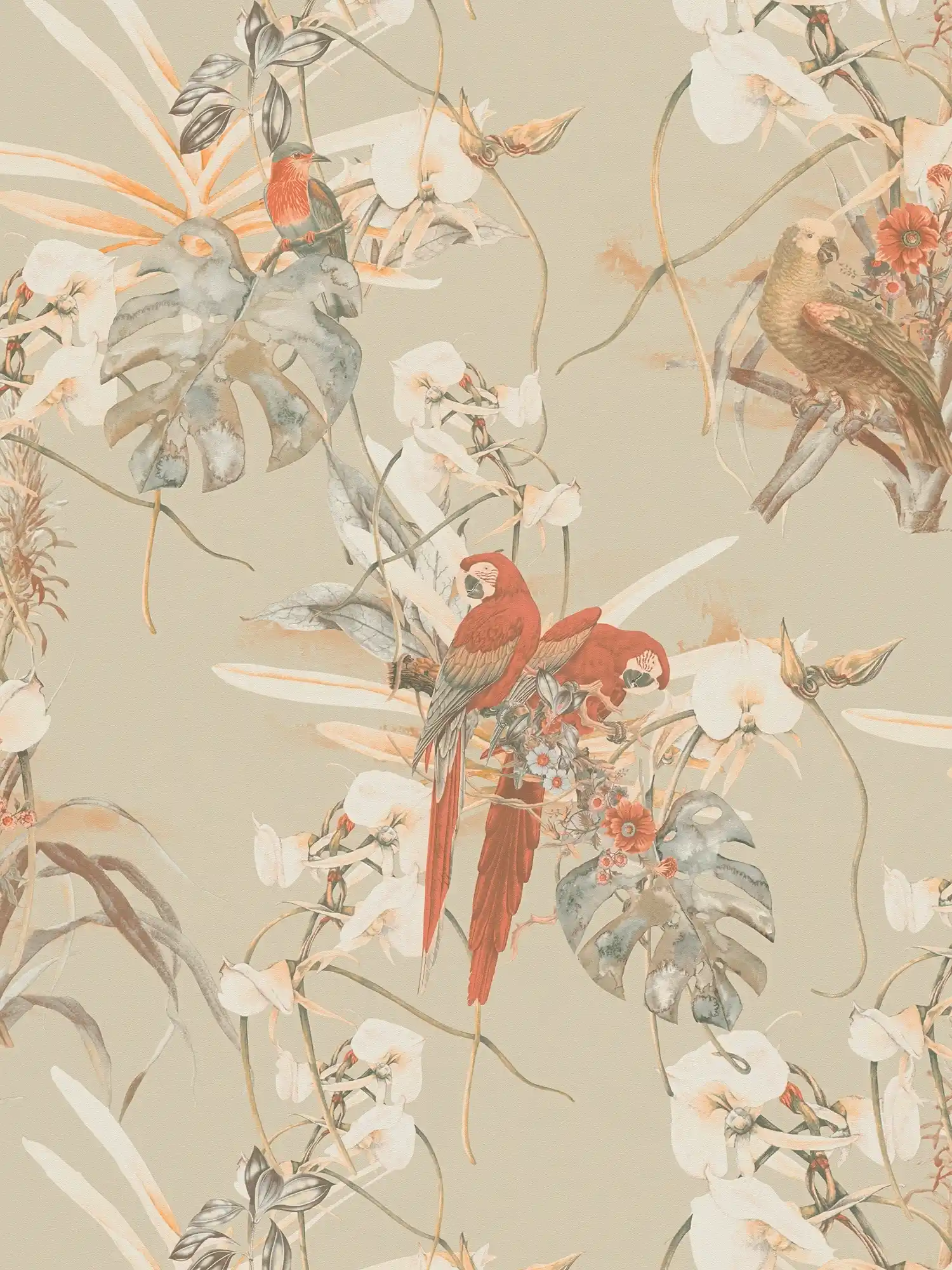 Behang tropisch design, papegaai & exotische bloemen - Beige, Bruin
