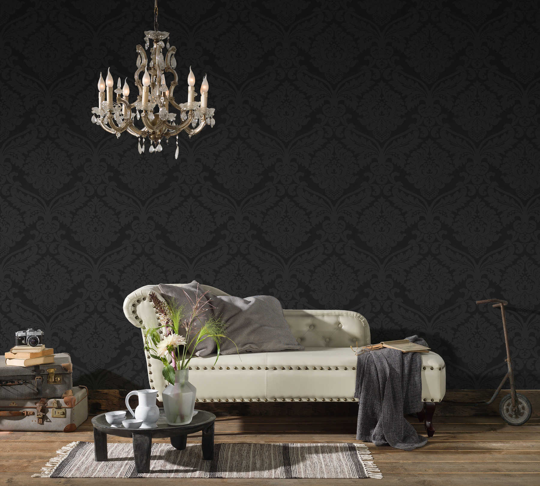             Barok ornament behang met mat & glans effect - zwart
        