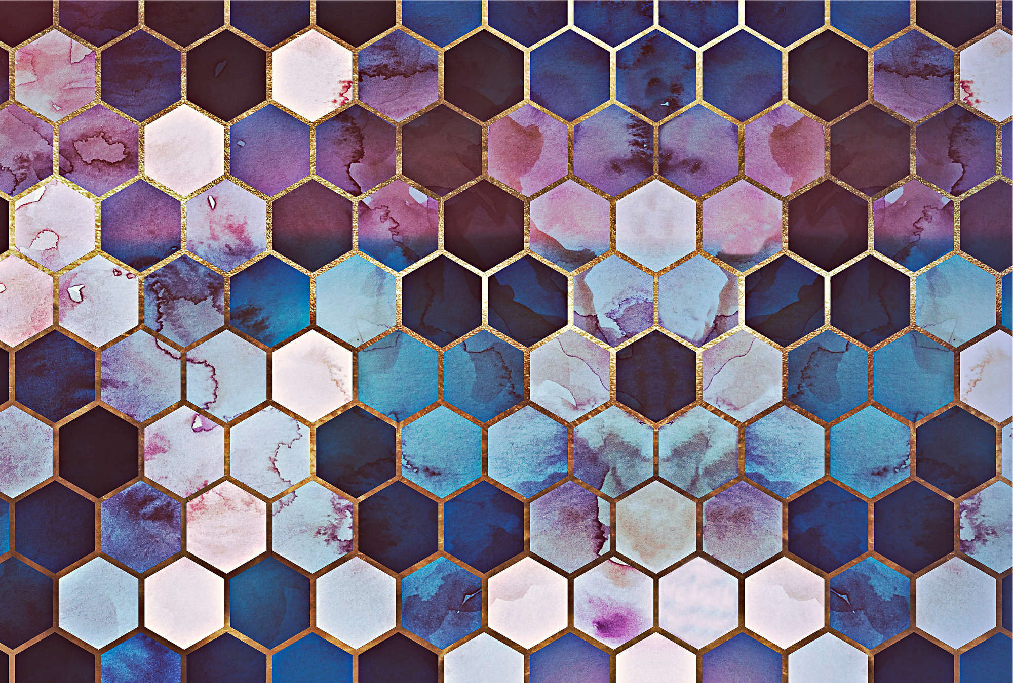             Watercolour marble mural with golden honeycomb pattern
        