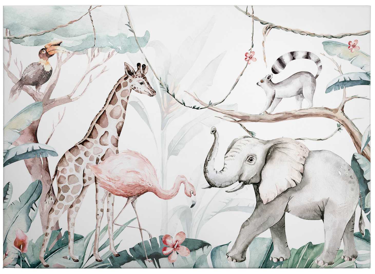             Tela per bambini dipinti Animali della giungla Acquerello di Kvilis - 0,70 m x 0,50 m
        