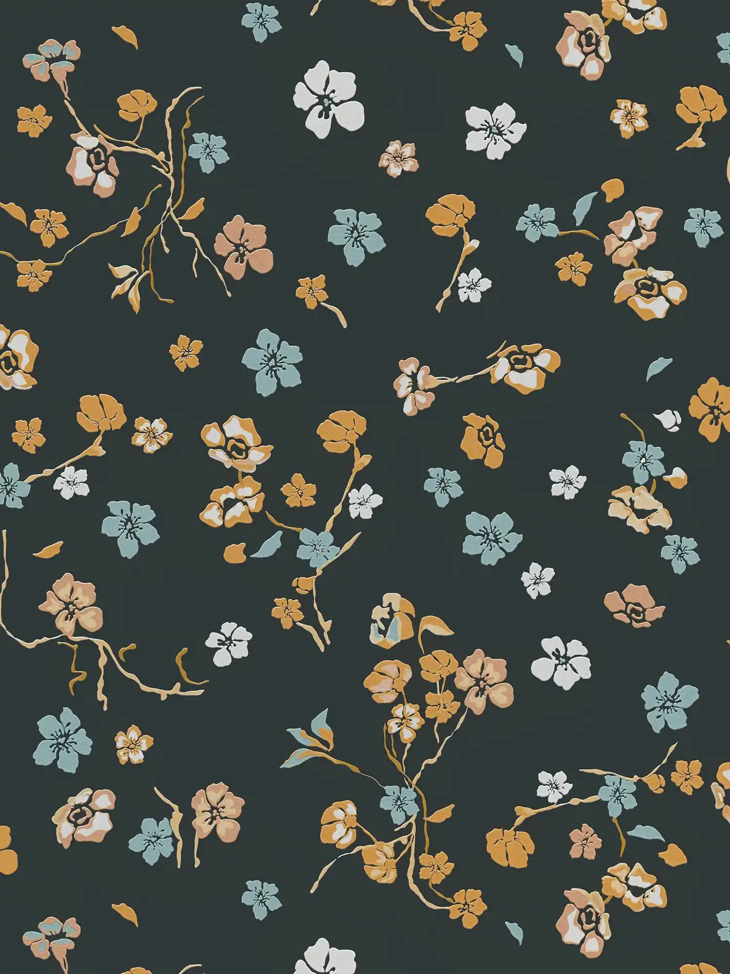Floral wallpaper with glossy effect & textured pattern - black, gold, turquoise
