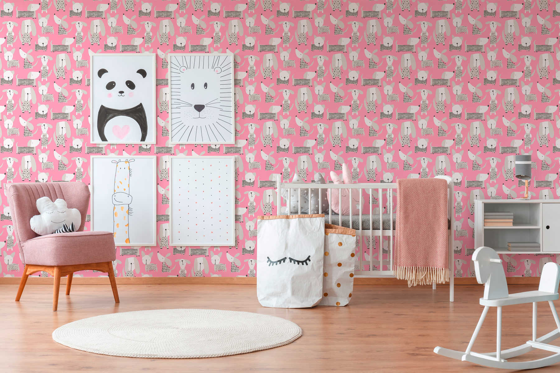             Papel pintado de perro en estilo cómico para habitación infantil - rosa, blanco
        