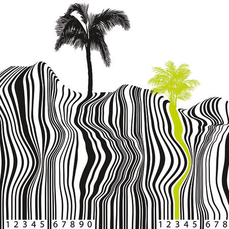 Muurschildering met verfijnd barcodepatroon en palmboomlook
