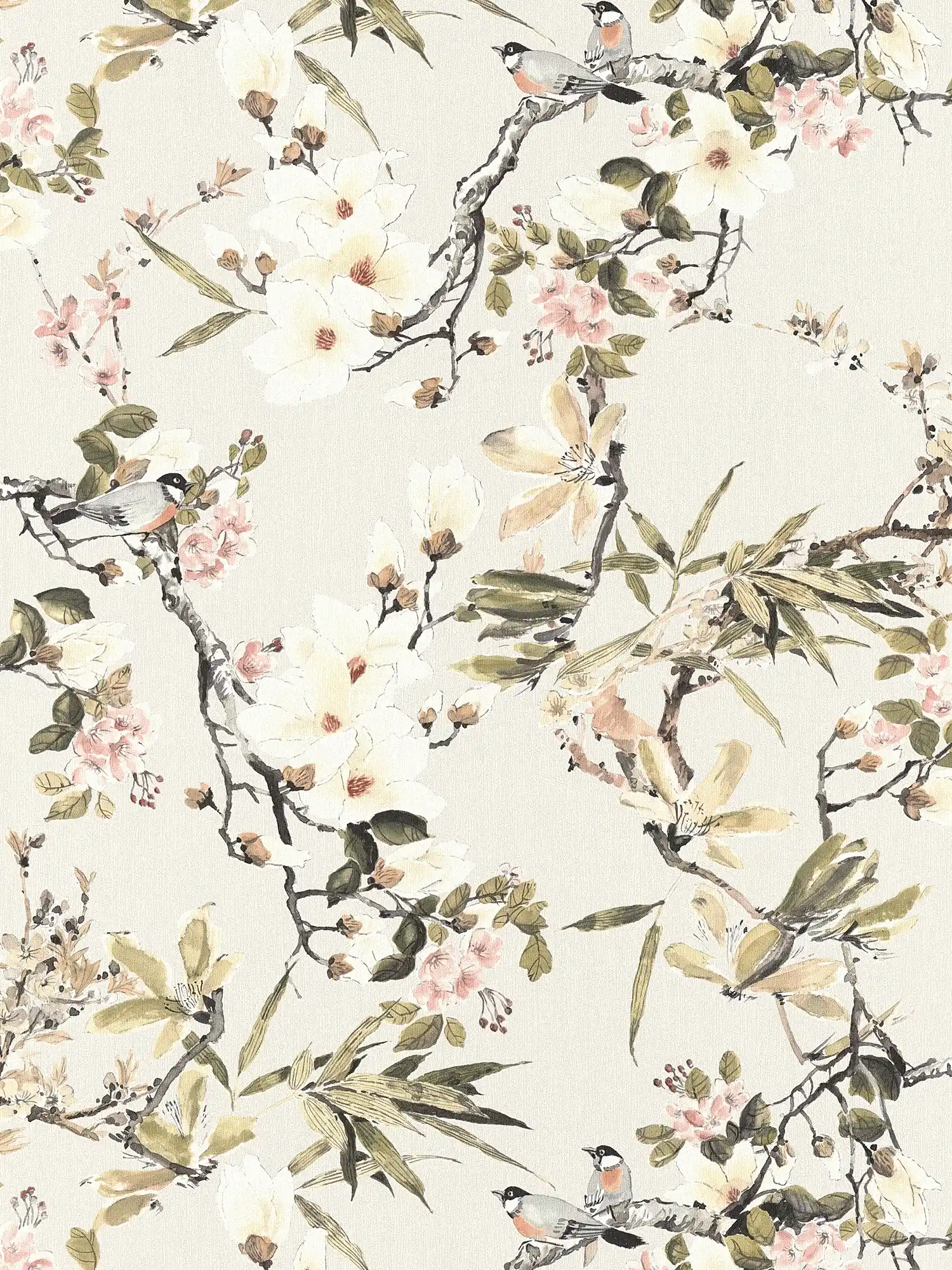         Non-woven wallpaper nature design flowers branches & birds - beige, colourful
    