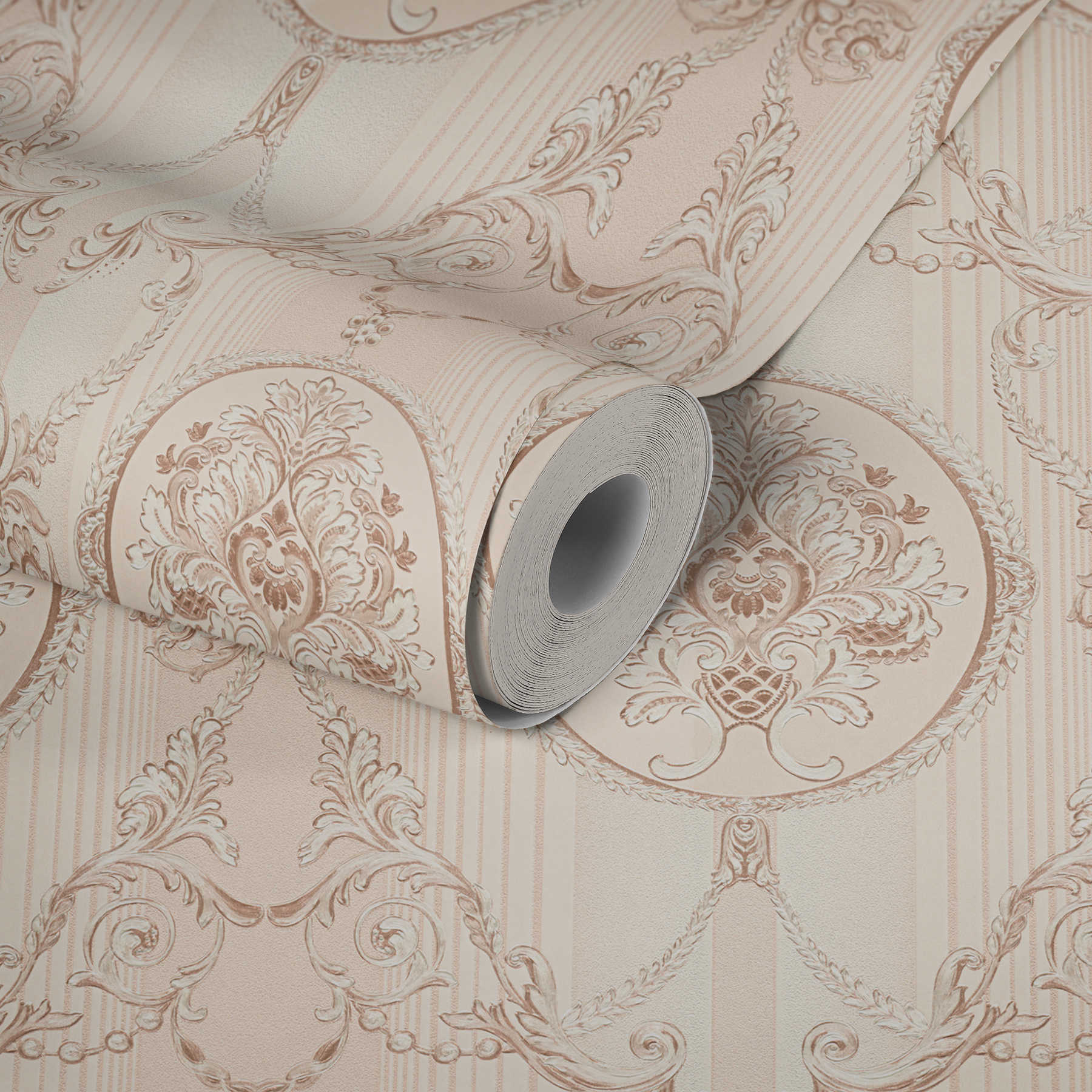             Neo-barok behang met ornamenteel patroon & strepen - crème, roze
        
