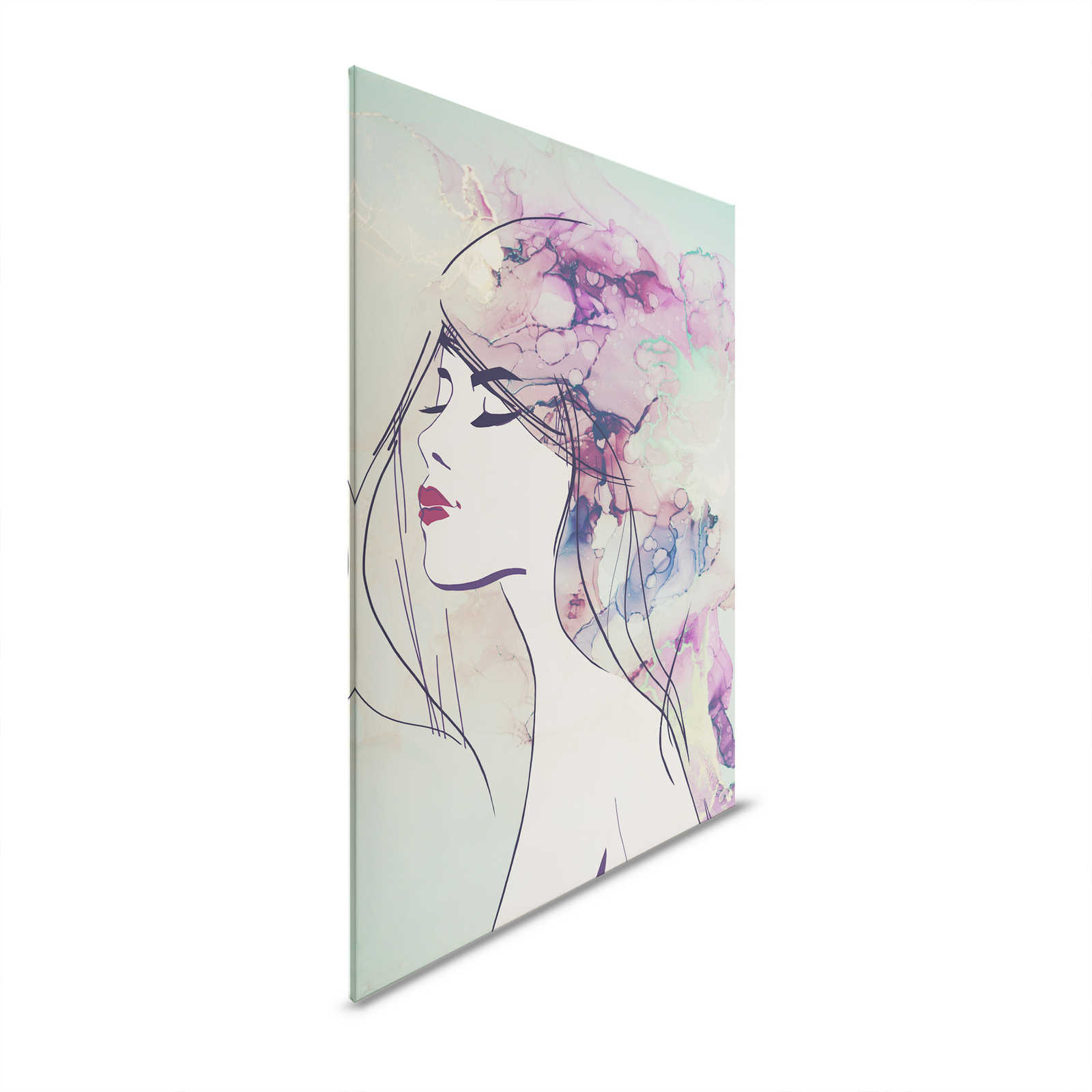 Quadro su tela con disegno acrilico: Volto di donna in turchese e viola - 1,20 m x 0,80 m
