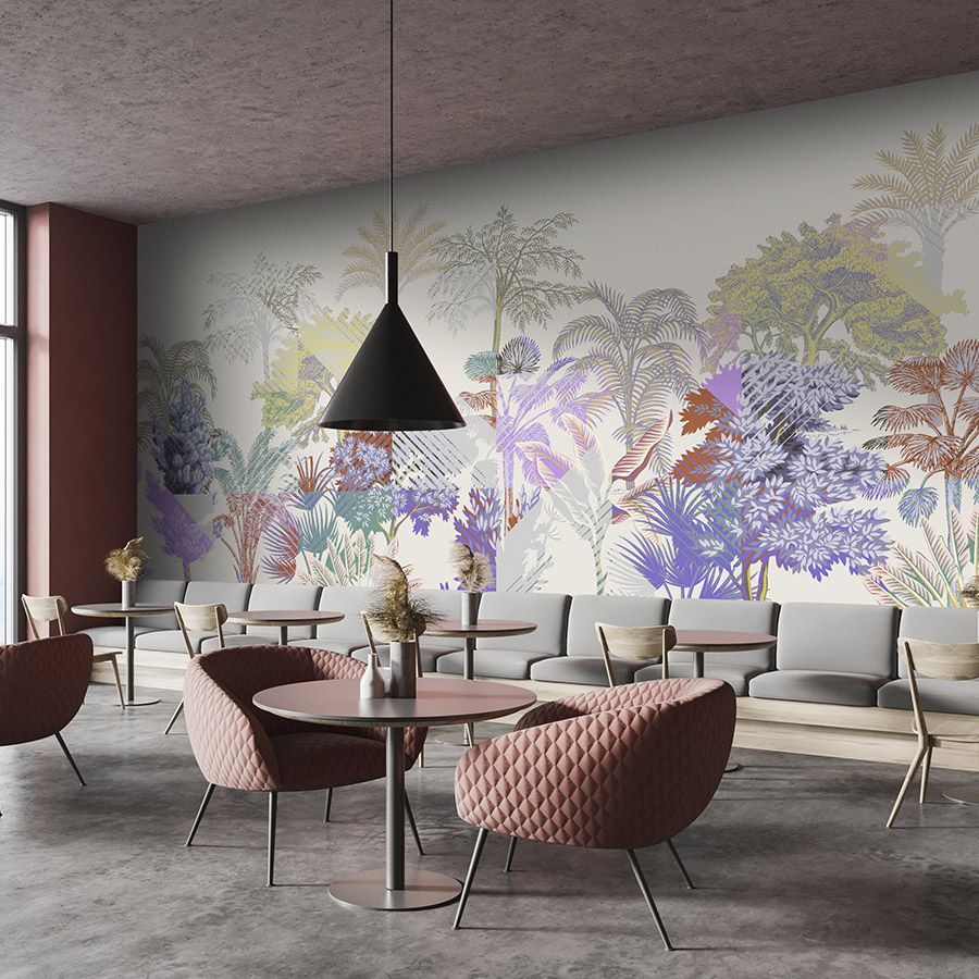 Photo wallpaper »esplanade 2« - jungle patchwork with bushes - colourful | Smooth, slightly pearly shimmering non-woven fabric
