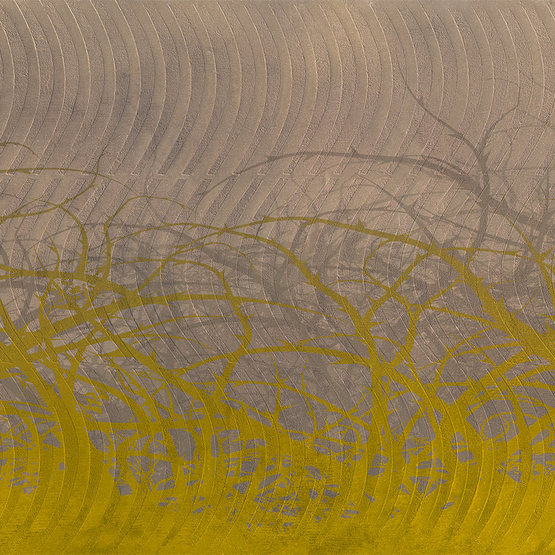 Papier peint branches & formes géométriques effet 3D - gris, jaune, marron
