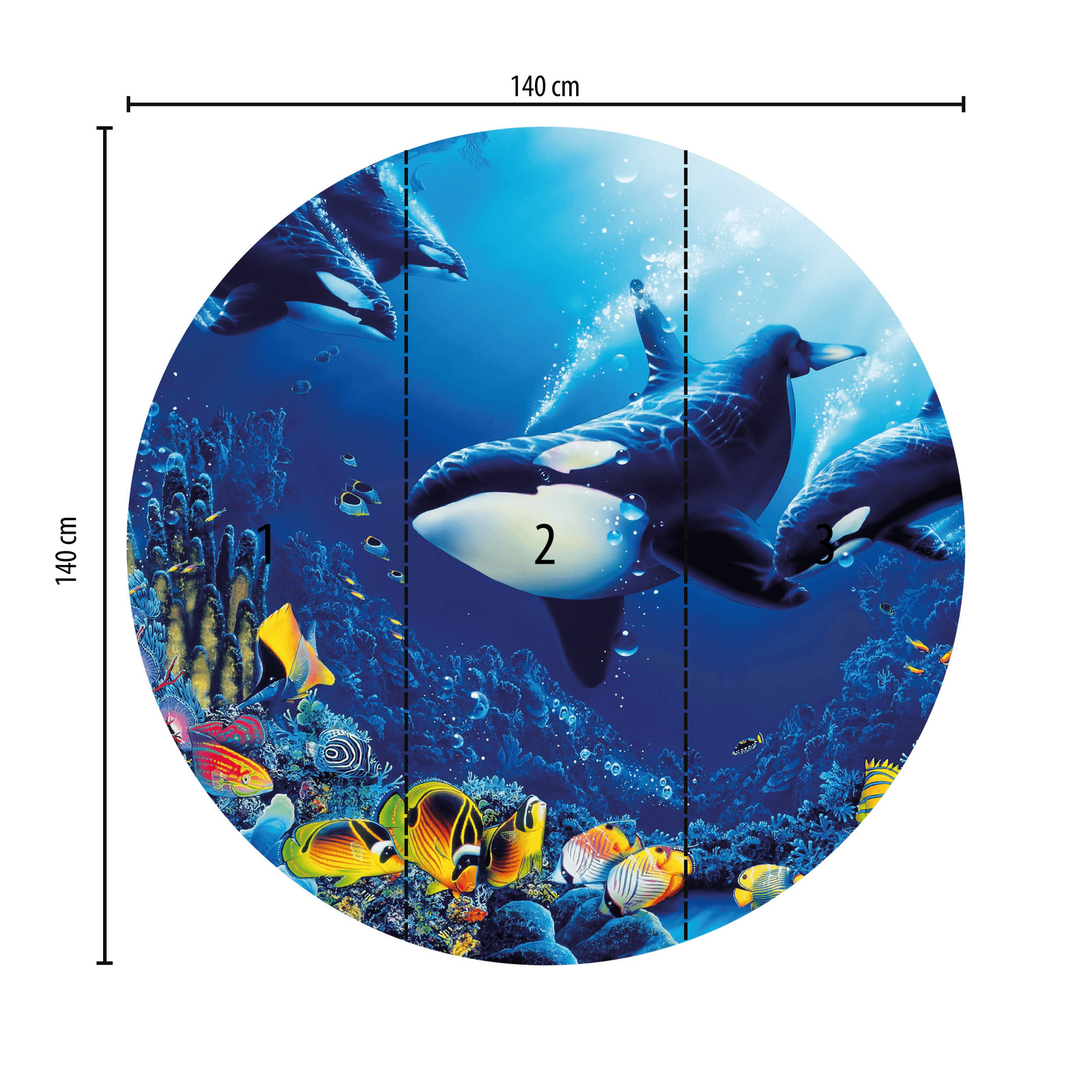             Papier peint panoramique rond avec monde sous-marin et baleines
        