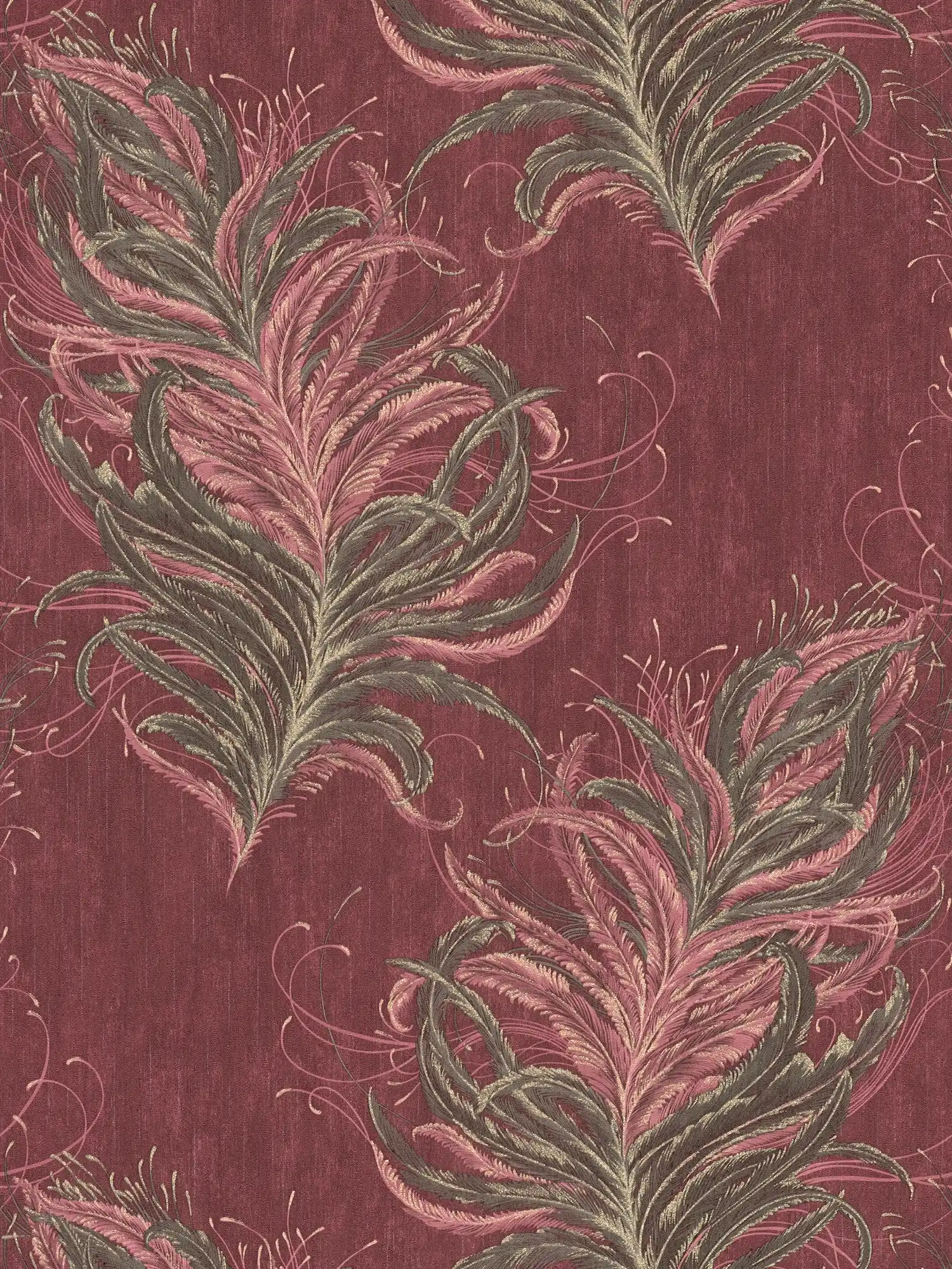 Red wallpaper with feathers, gold design & texture effect
