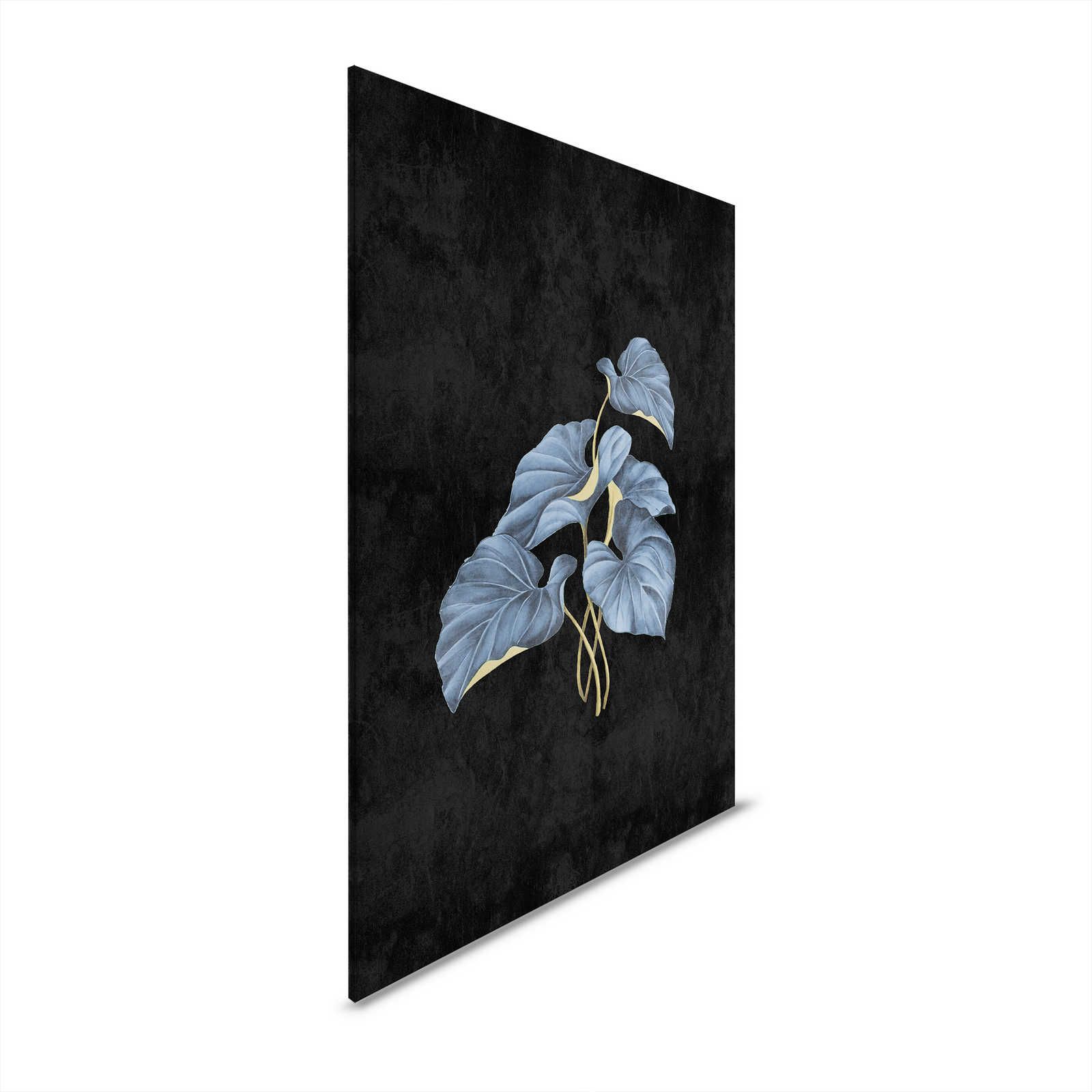 Fiji 1 - Pintura sobre lienzo negro Hojas azules con acento dorado - 0,60 m x 0,90 m
