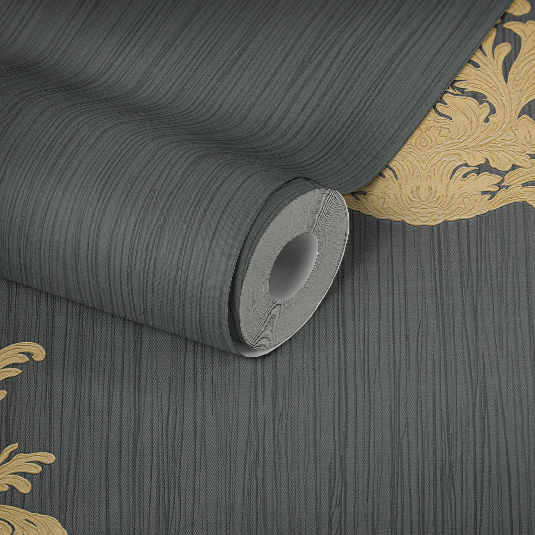             Black textile wallpaper with gold emblem with filigree embossed pattern
        