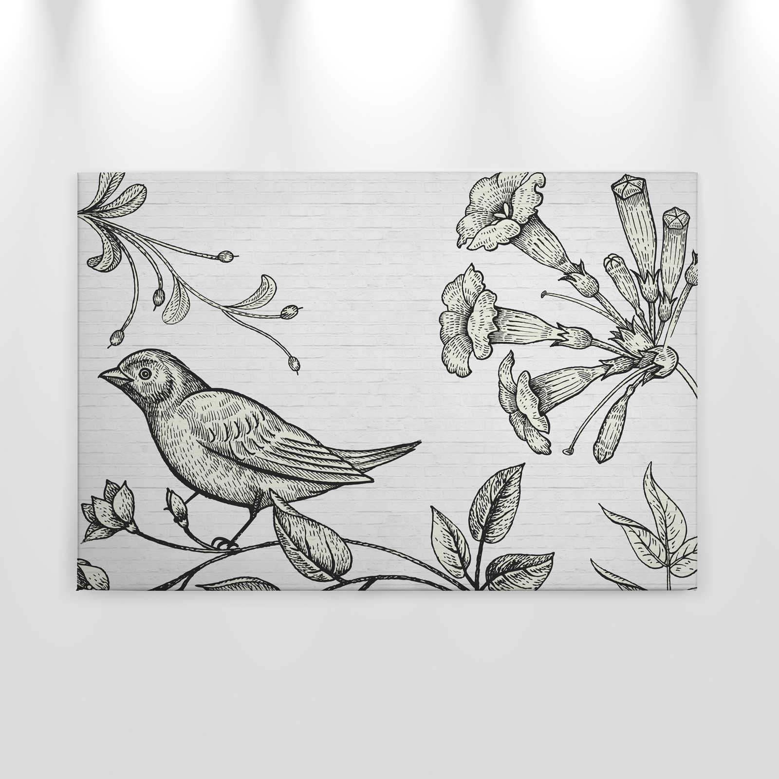             Stone Wall Canvas Painting with Bird & Flowers Graphic - 0.90 m x 0.60 m
        
