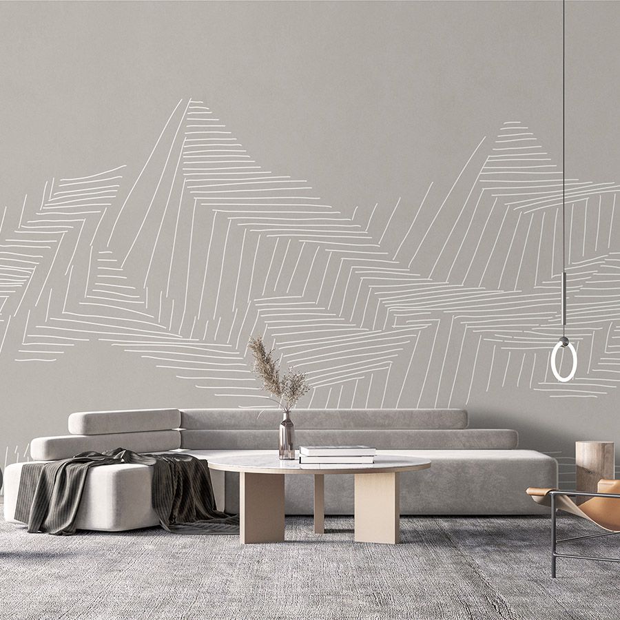 Photo wallpaper »victor« - Mountain landscape with line pattern - Grey | Smooth, slightly pearly shimmering non-woven fabric
