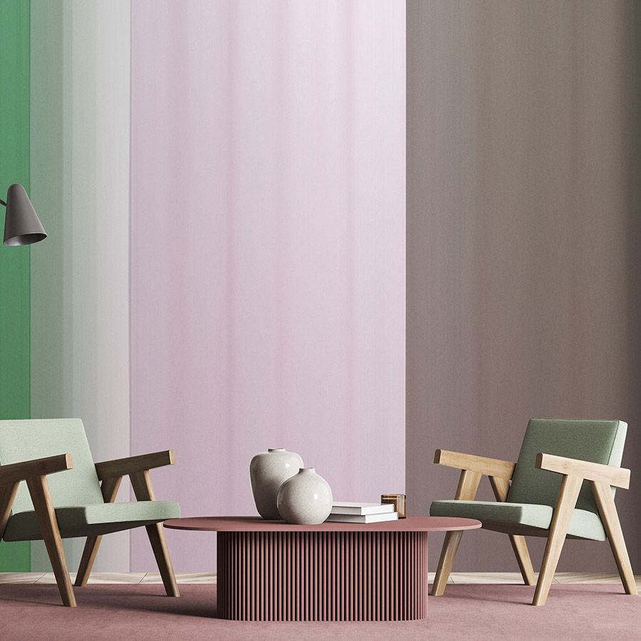 Photo wallpaper »co-coloures 1« - Colour gradient with stripes - Green Pink, Brown | Smooth, slightly pearly shimmering non-woven fabric
