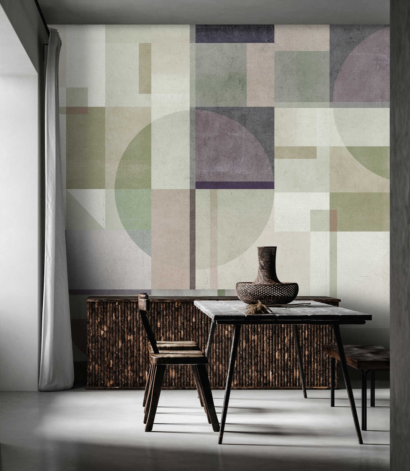             Piazza 1 - concrete look mural green & grey with graphic pattern
        