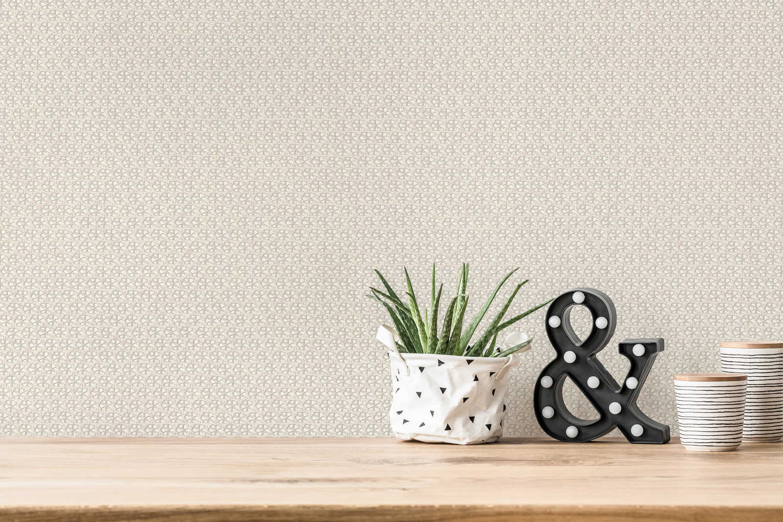             Wallpaper rattan pattern in Japandi style - grey, white
        