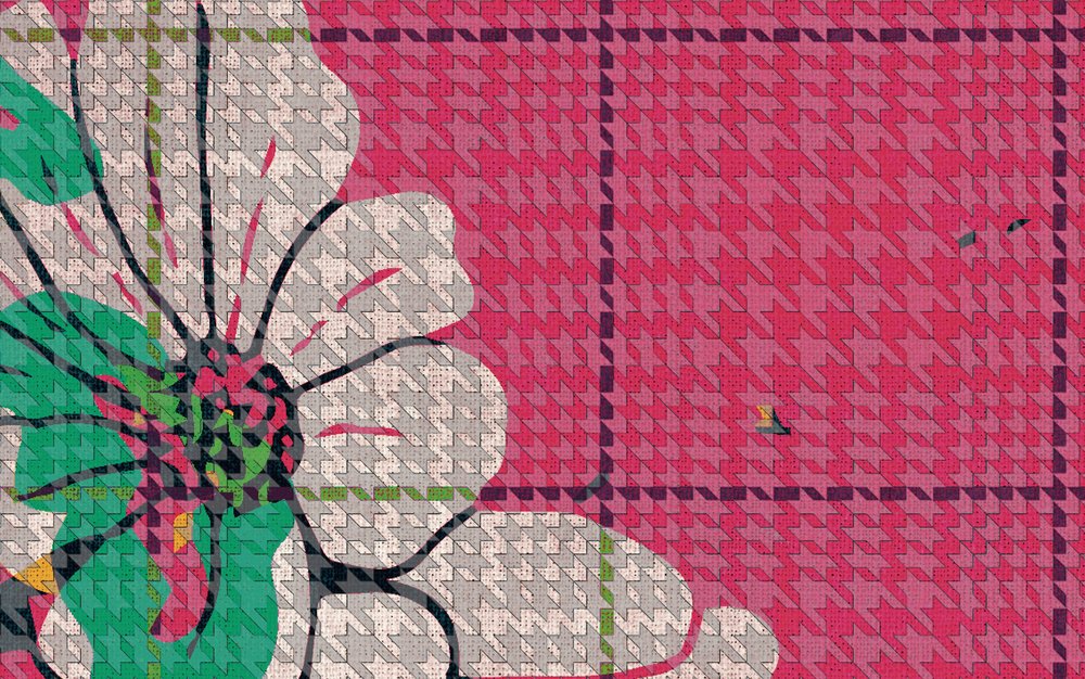             Bloemrijkplaid 2 - Fotobehang in ruitjesoptiek kleurrijk bloemenmozaïek Roze - Groen, Roze | structuur vlieseline
        