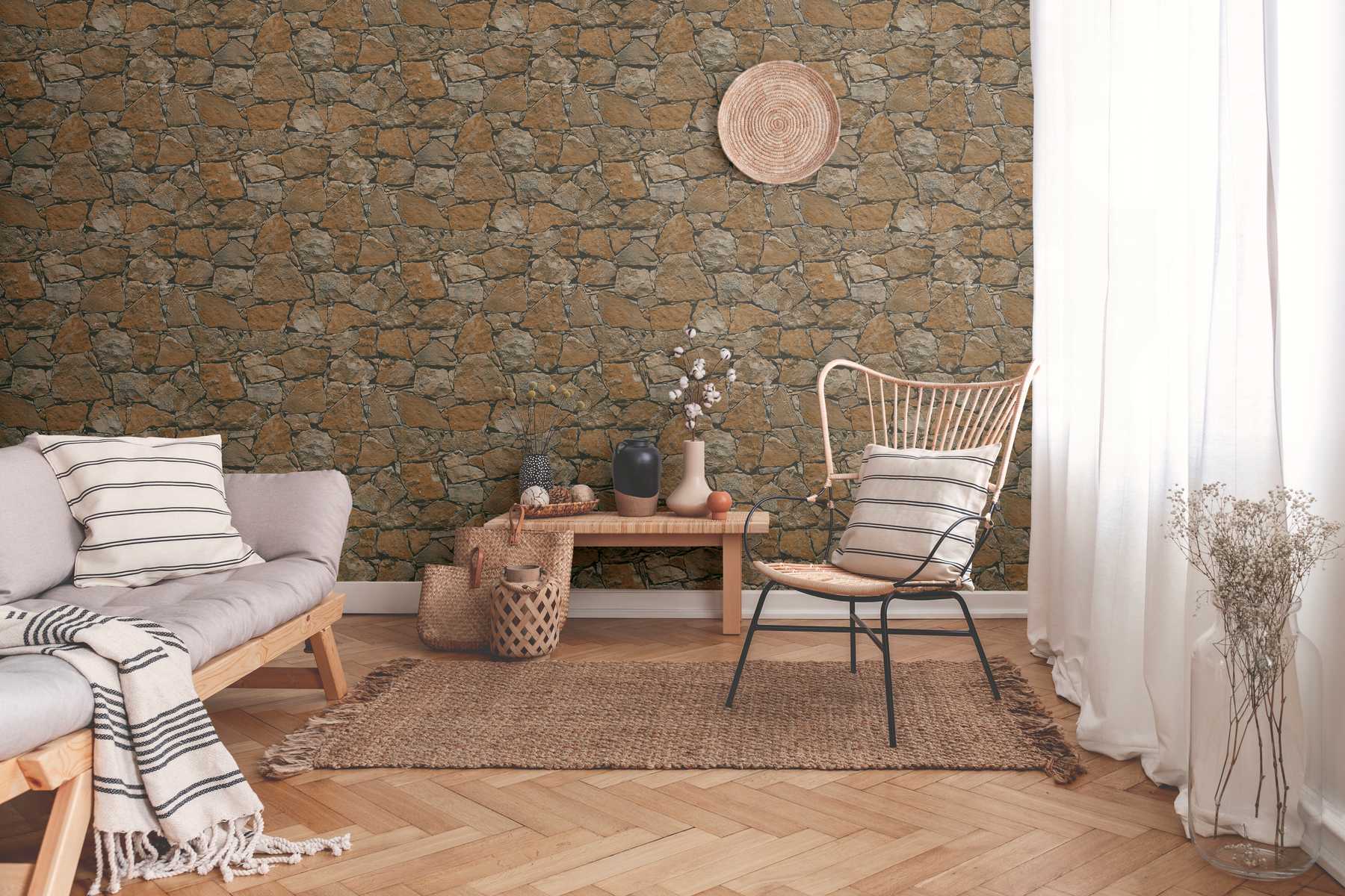             Nature stone wallpaper with realistic wall look - brown, beige, black
        