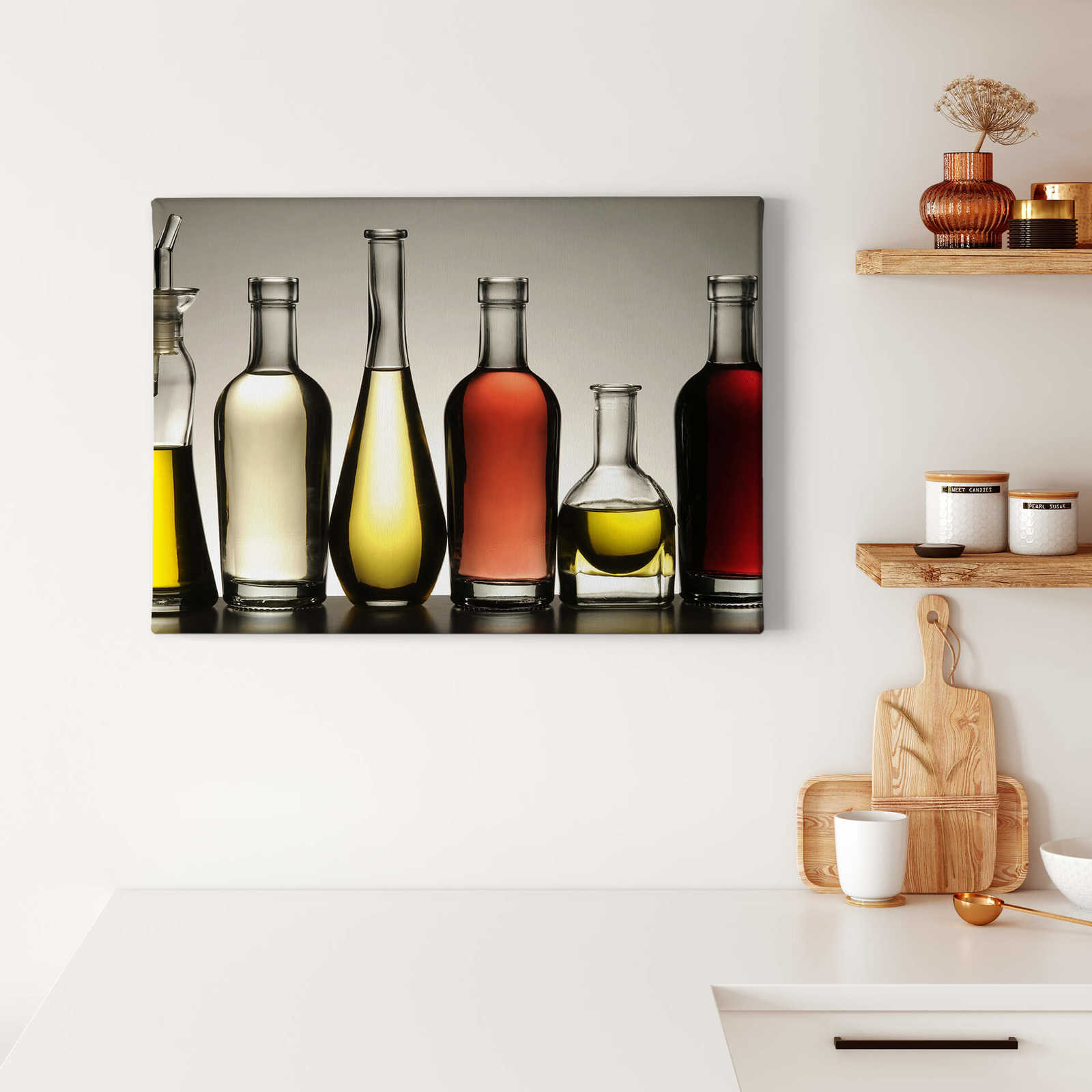             Tela da cucina per pittura Bottiglie con oli - 0,70 m x 0,50 m
        