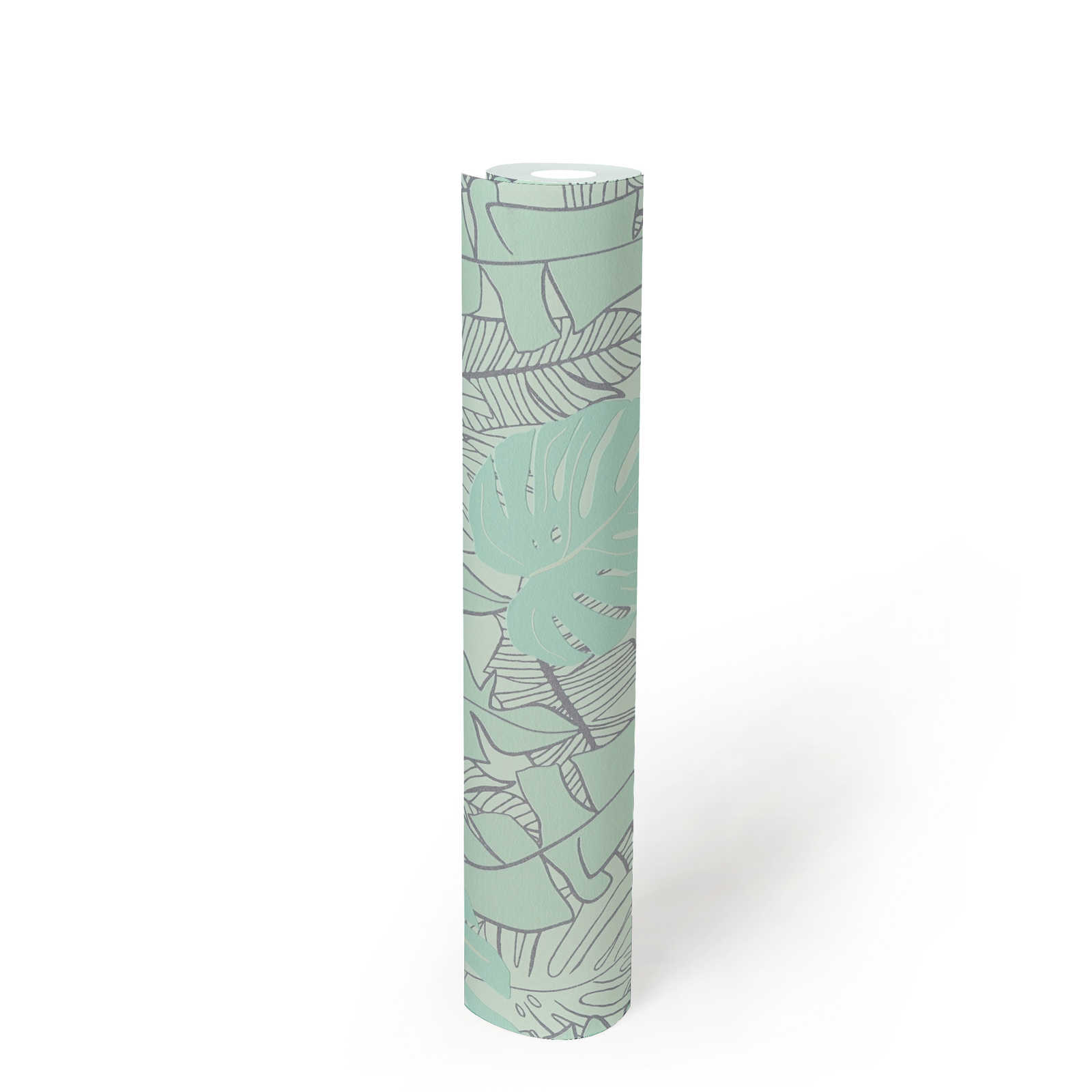             Pastel non-woven wallpaper with banana leaves & glossy effect - mint, green, metallic
        
