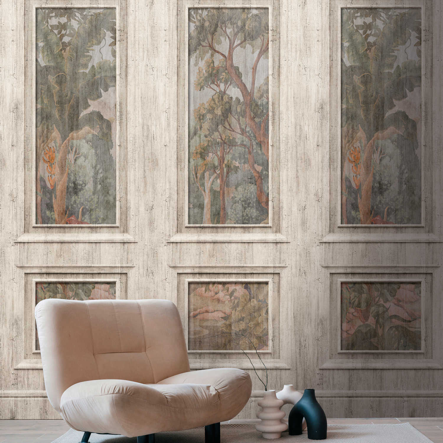 Papel pintado no tejido con motivo de damero y bosque de aspecto vintage - gris, beige
