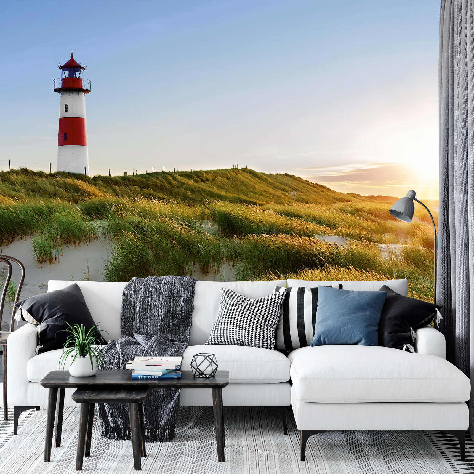             Beach mural with dunes and lighthouse
        